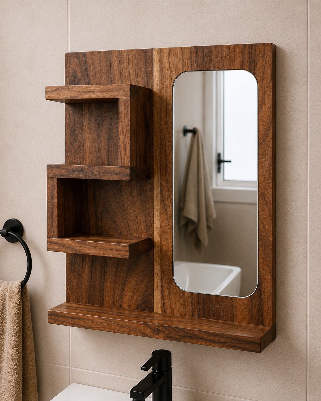 Bathroom Shelf Unit Ideas: 28 Storage and Display Options 18 Wall-mounted dark wood bathroom unit with a mirror and integrated open shelving.