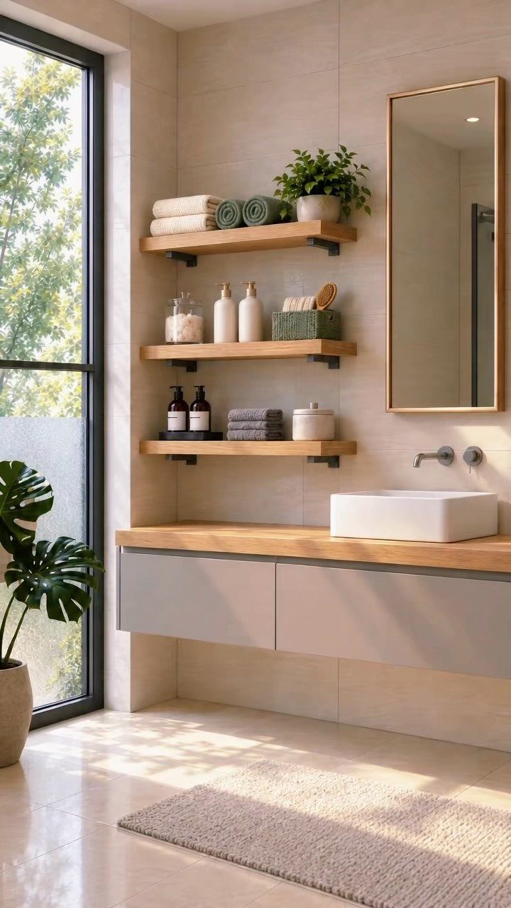 Wooden floating shelves with towels and a basket next to a bathroom sink.