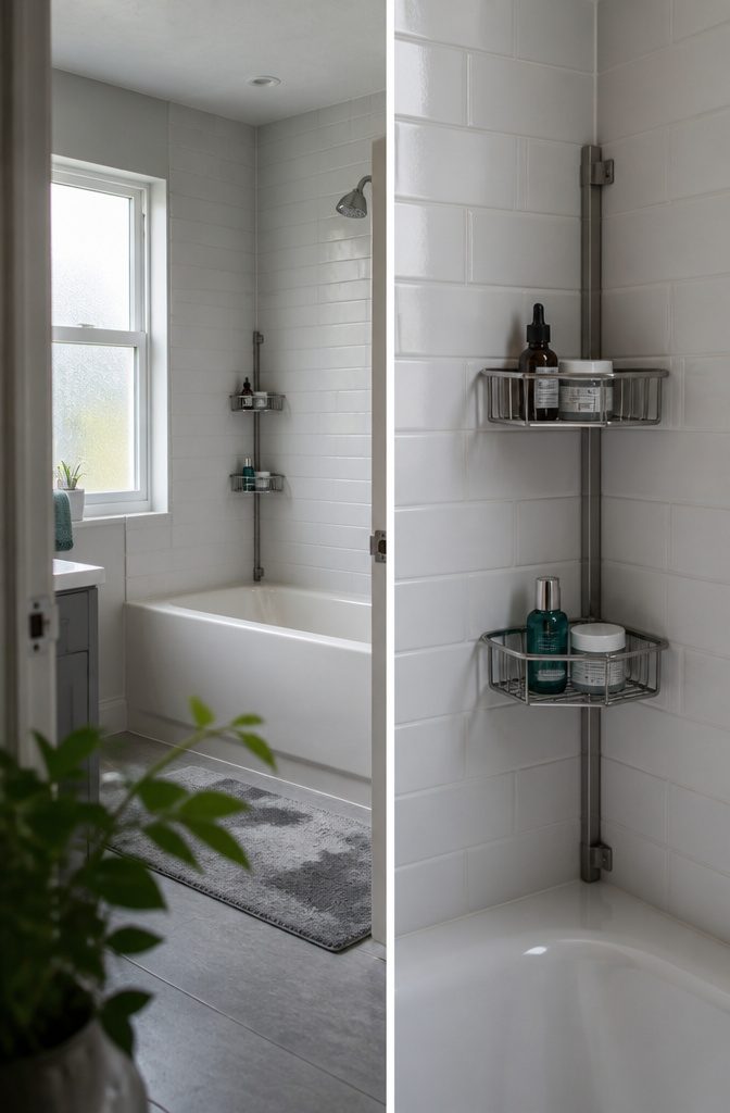 Rental Friendly Shelves for Apartments, Bathrooms, and Closets 3 Bathroom corner shelves holding toiletries beside a tiled shower