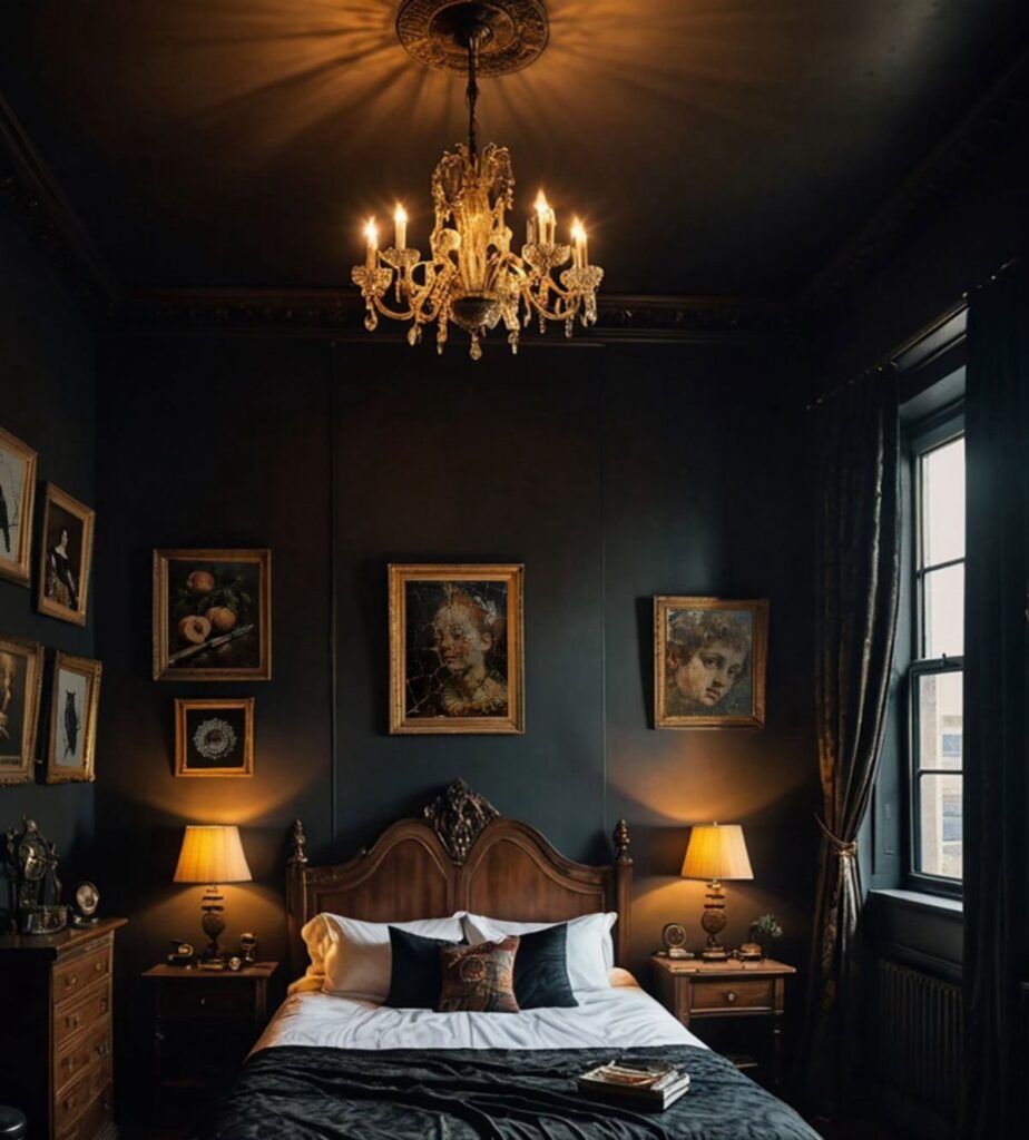 Dark bedroom with gold-framed paintings arranged on the wall above a carved wooden bed.