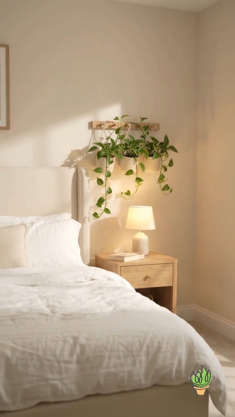 22 Bedroom Empty Wall Ideas, from Gallery Walls to Plaster 7 Trailing green plants on a wooden shelf above a white bed and nightstand.