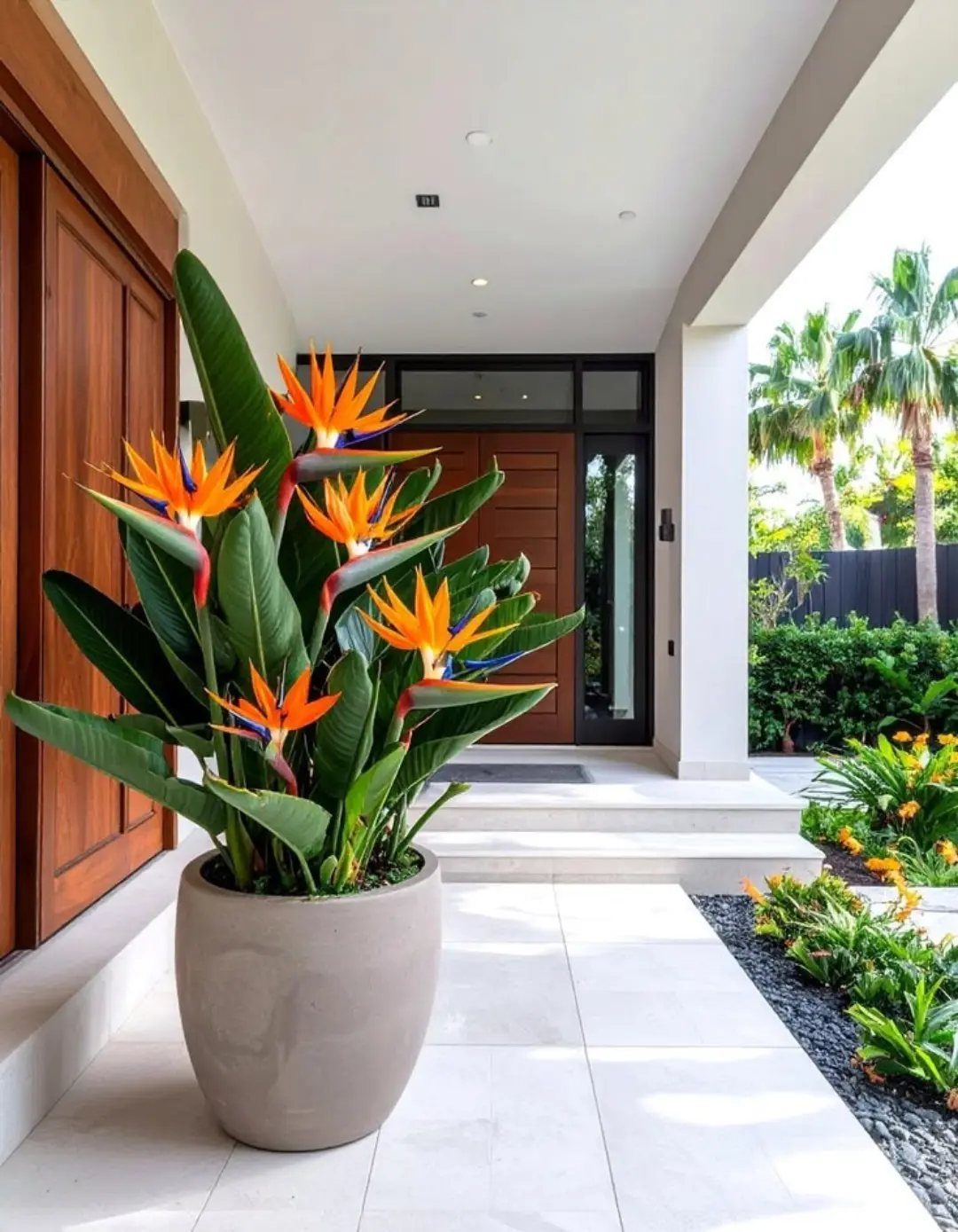 Bird of Paradise plant with orange flowers in a grey pot on a porch.