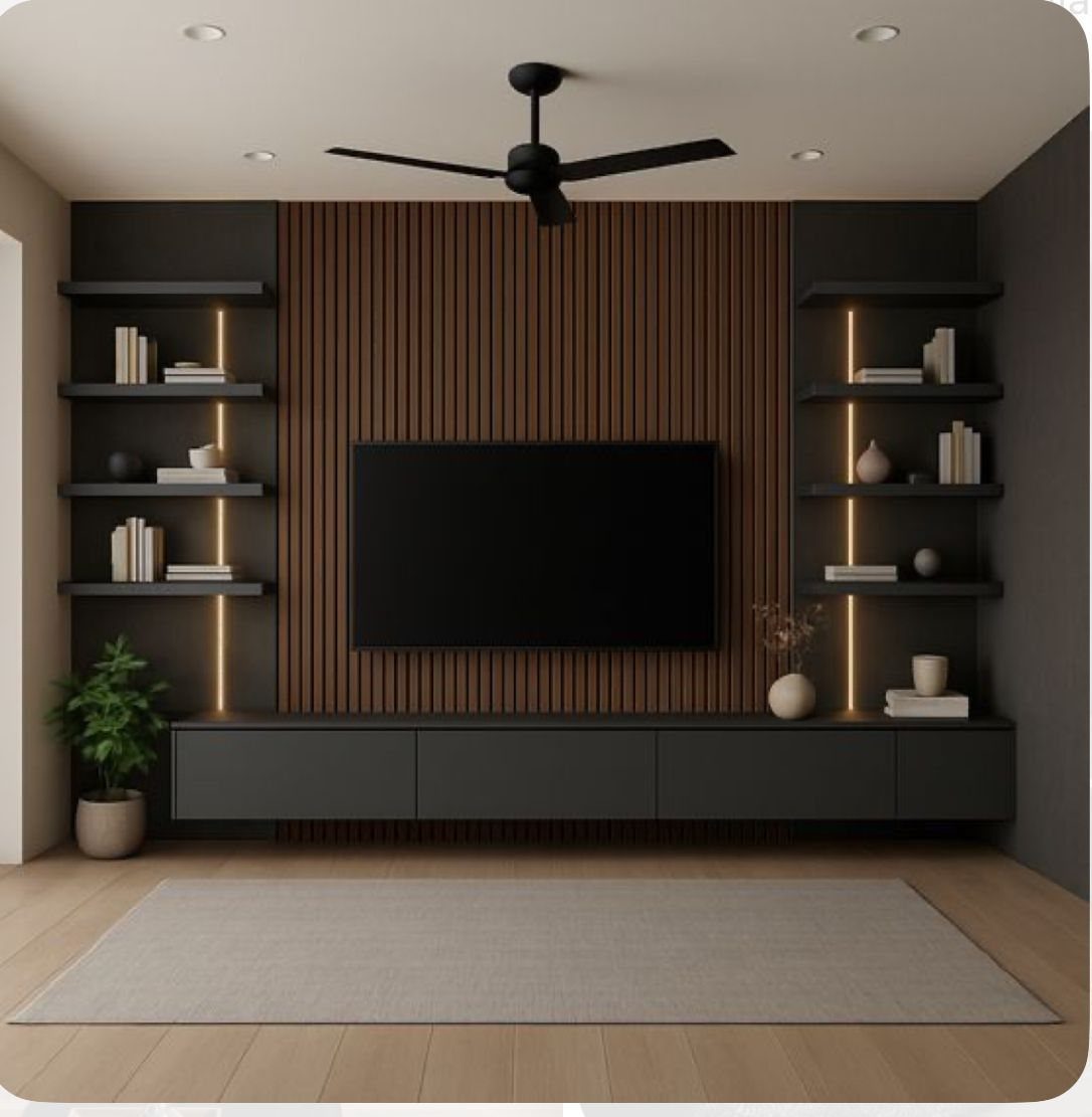 Black floating shelves with LED lighting flanking a TV on wood slat panels