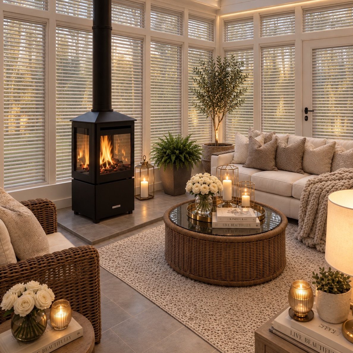 White adjustable slat blinds on windows in a cozy living room with a fireplace.