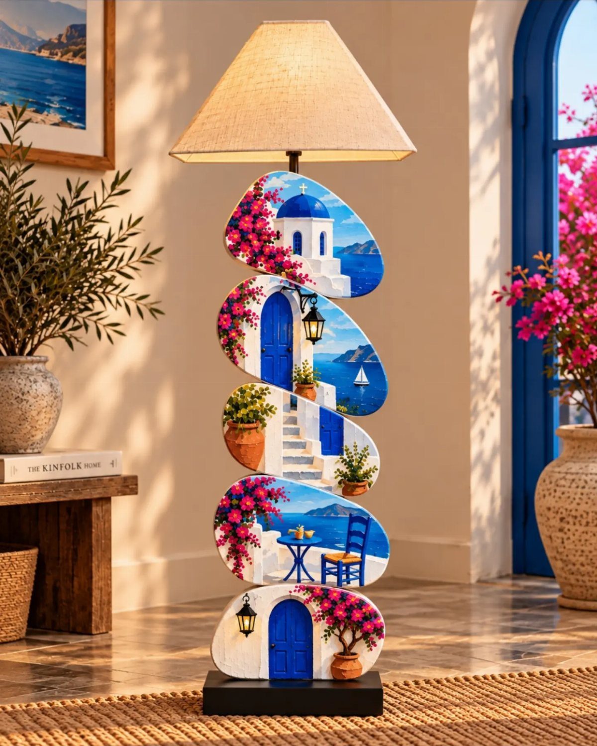 14 Home Decor Blue Ideas for Sofas, Walls, Kitchens and Baths 11 Decorative floor lamp with blue and white Greek scenery panels in a bright room.