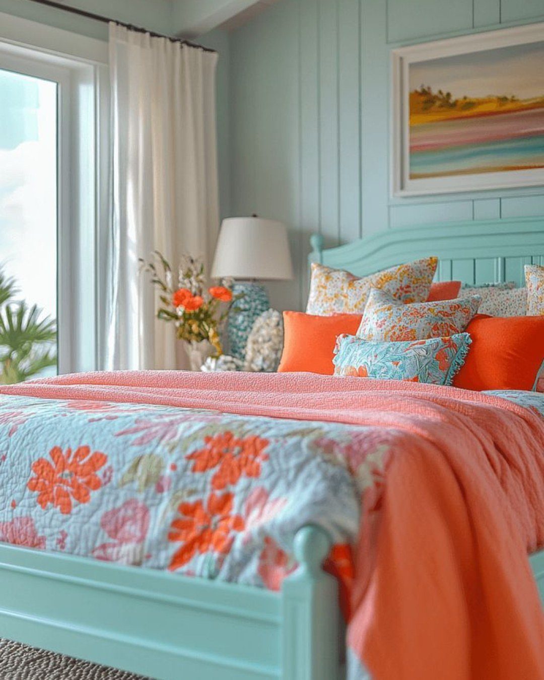 14 Home Decor Blue Ideas for Sofas, Walls, Kitchens and Baths 14 Turquoise wooden headboard and bed frame with orange and blue floral bedding.