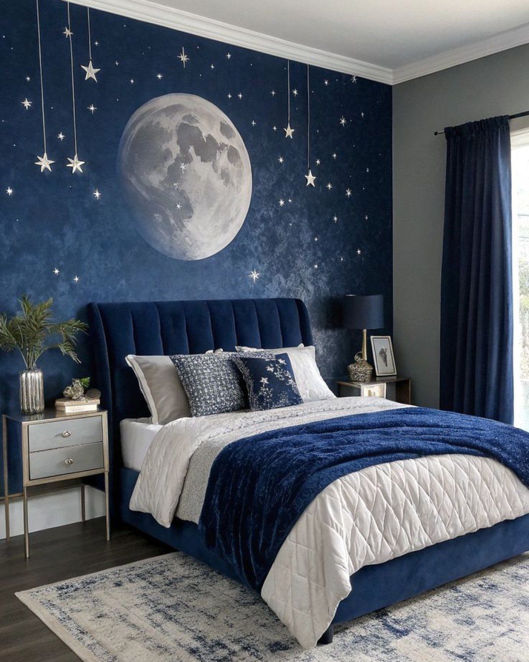 14 Home Decor Blue Ideas for Sofas, Walls, Kitchens and Baths 3 Navy blue bedroom with a moon and stars mural on the feature wall.