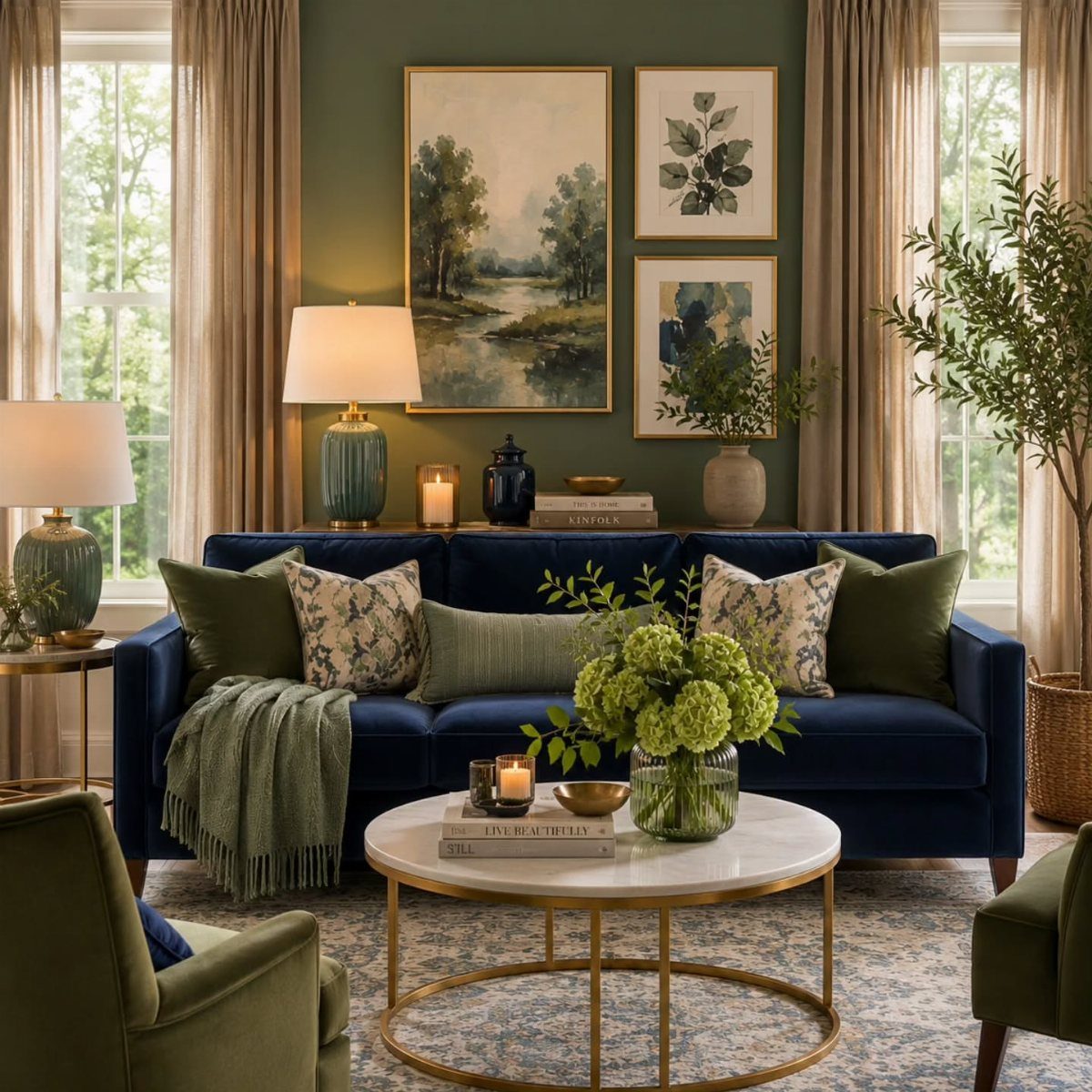 14 Home Decor Blue Ideas for Sofas, Walls, Kitchens and Baths 8 Navy blue sofa and green walls in a sophisticated, organic living room setting.