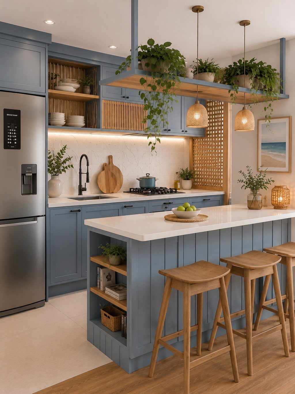 14 Home Decor Blue Ideas for Sofas, Walls, Kitchens and Baths 5 Dusty blue kitchen cabinets and island with white countertops and wooden bar stools.