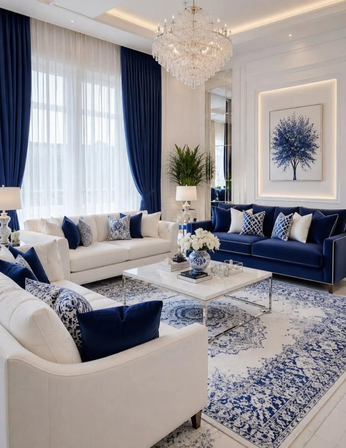 14 Home Decor Blue Ideas for Sofas, Walls, Kitchens and Baths 7 Navy blue sofa and white couches in a living room with blue accents.