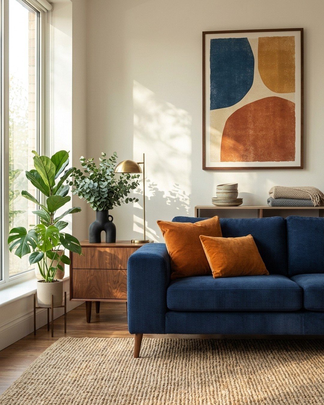 14 Home Decor Blue Ideas for Sofas, Walls, Kitchens and Baths 4 Navy blue sofa with orange pillows, wooden side table, and abstract wall art.