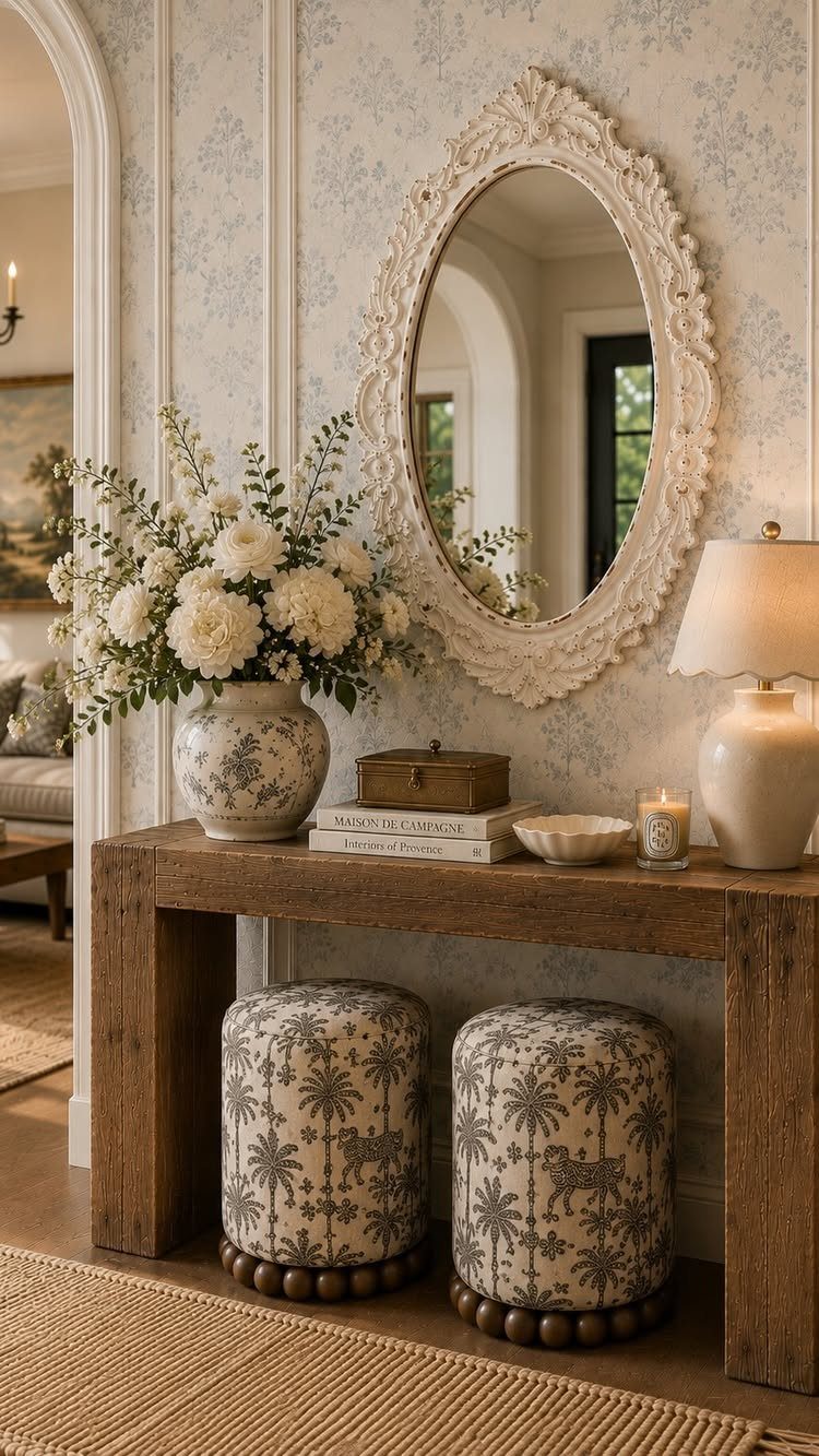 14 Home Decor Blue Ideas for Sofas, Walls, Kitchens and Baths 10 Light blue floral wallpaper behind a rustic wooden console table and ornate mirror.