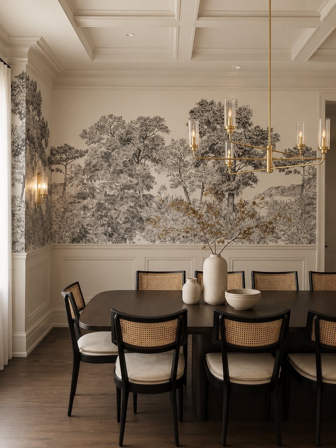 Dining room with a forest landscape mural wallpaper and a gold chandelier.