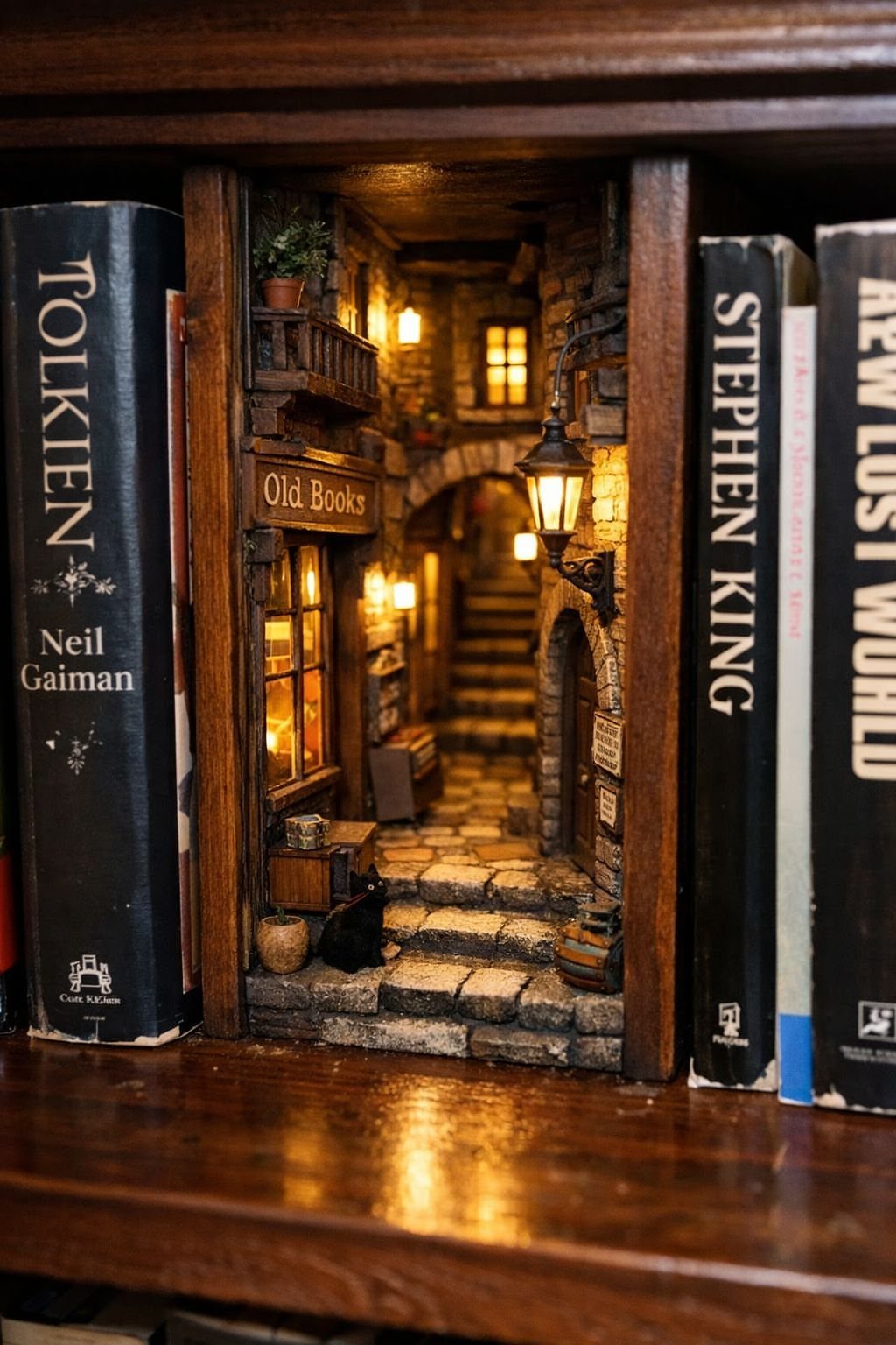 Miniature cobblestone alley diorama with glowing streetlights placed between books on a shelf.