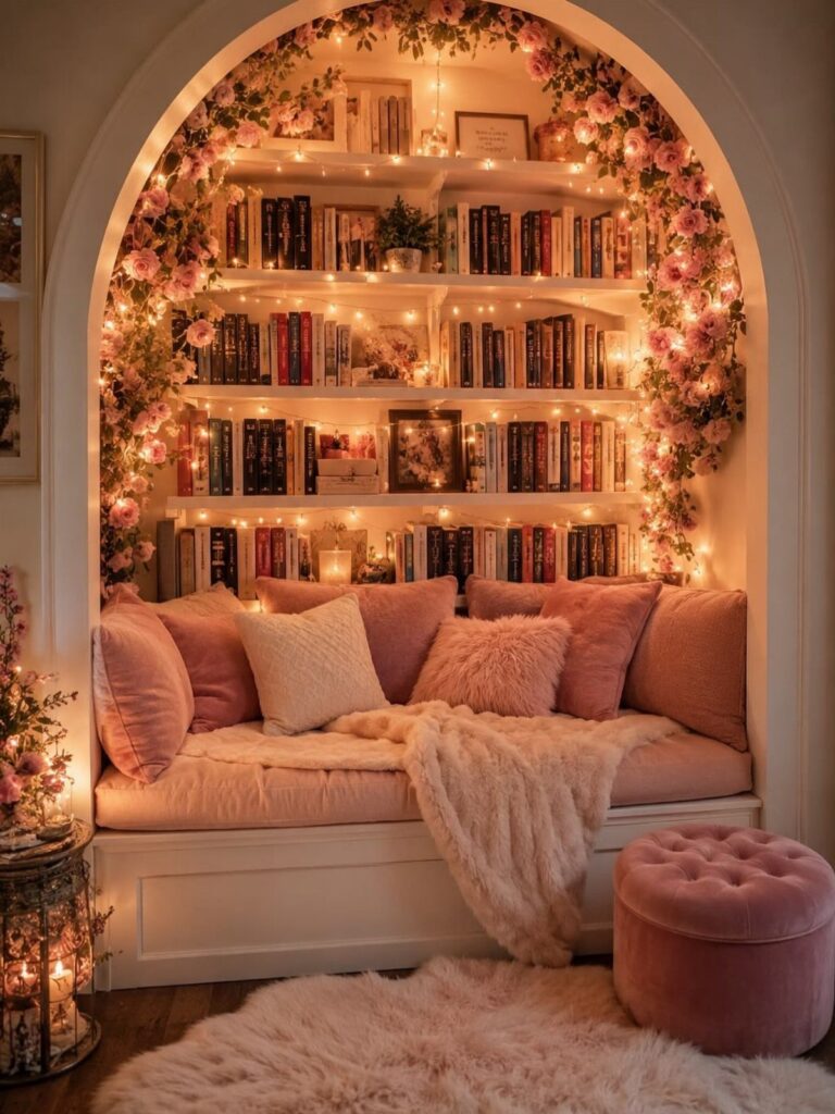 Cozy arched book nook with pink cushions, fairy lights, and bookshelves filled with books.