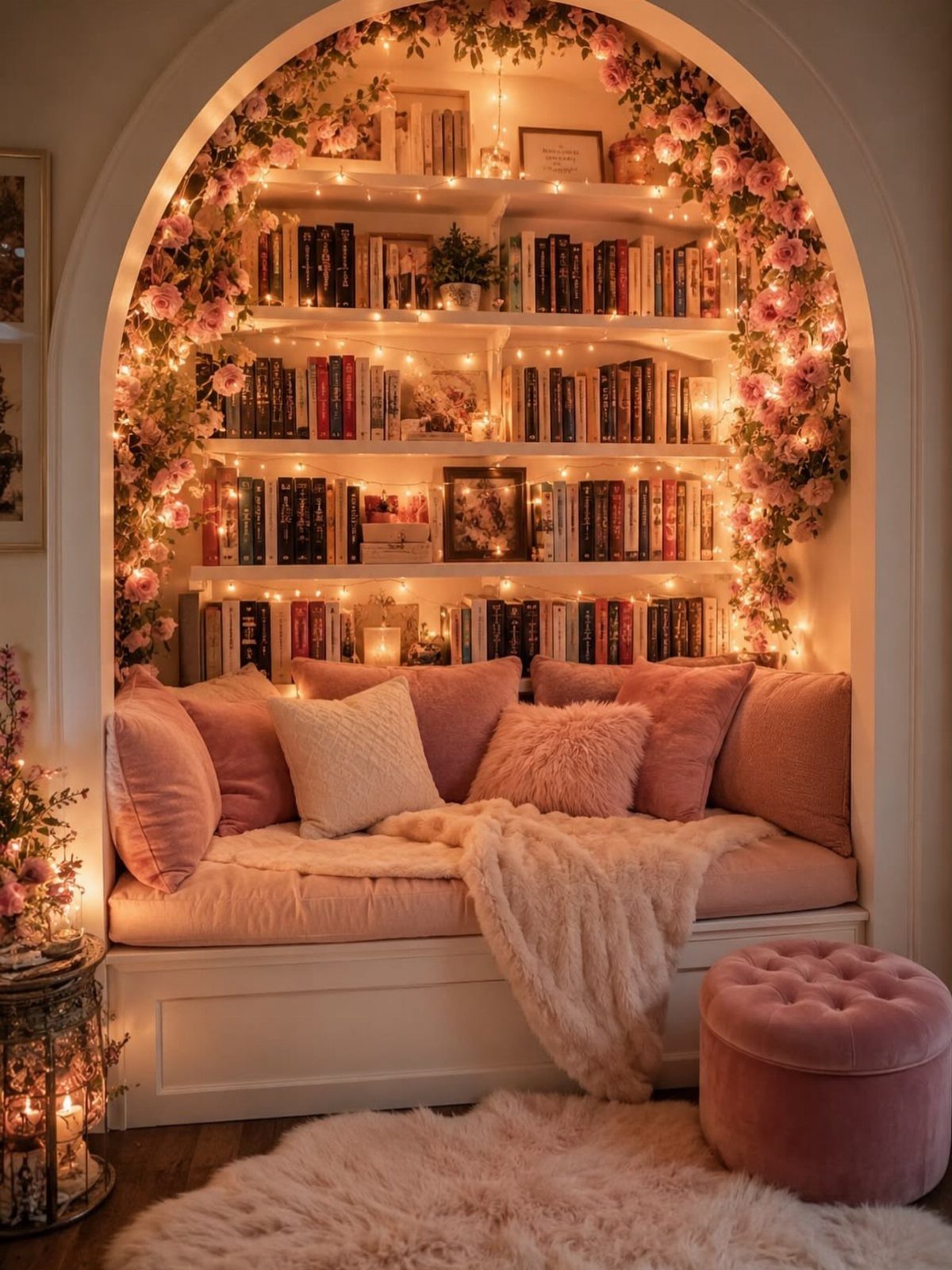 Cozy arched book nook with pink cushions, fairy lights, and bookshelves filled with books.