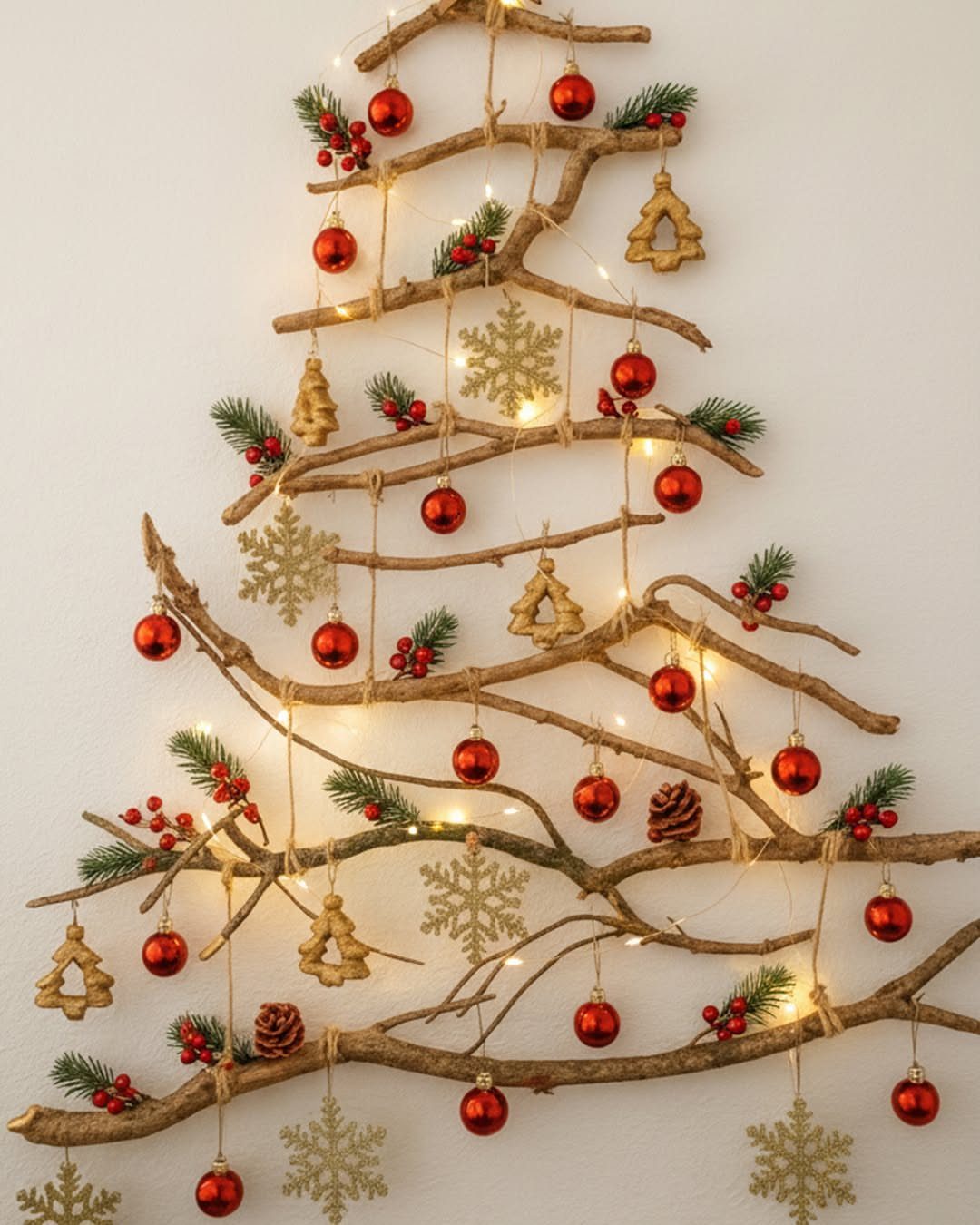 Wooden branch Christmas tree on a white wall decorated with red ornaments and lights.