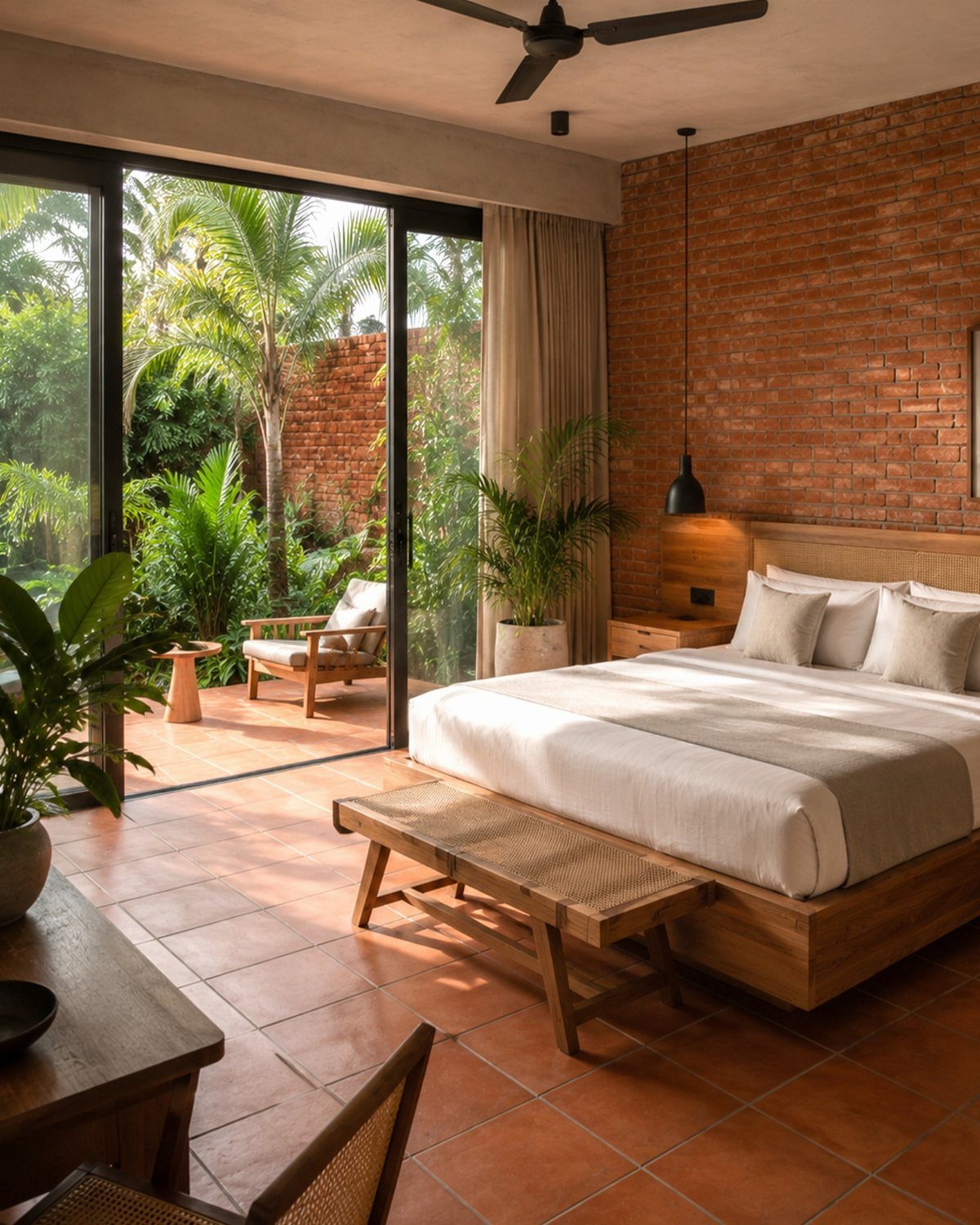 22 Bedroom Empty Wall Ideas, from Gallery Walls to Plaster 15 Bedroom with a red brick feature wall and glass doors opening to a garden.
