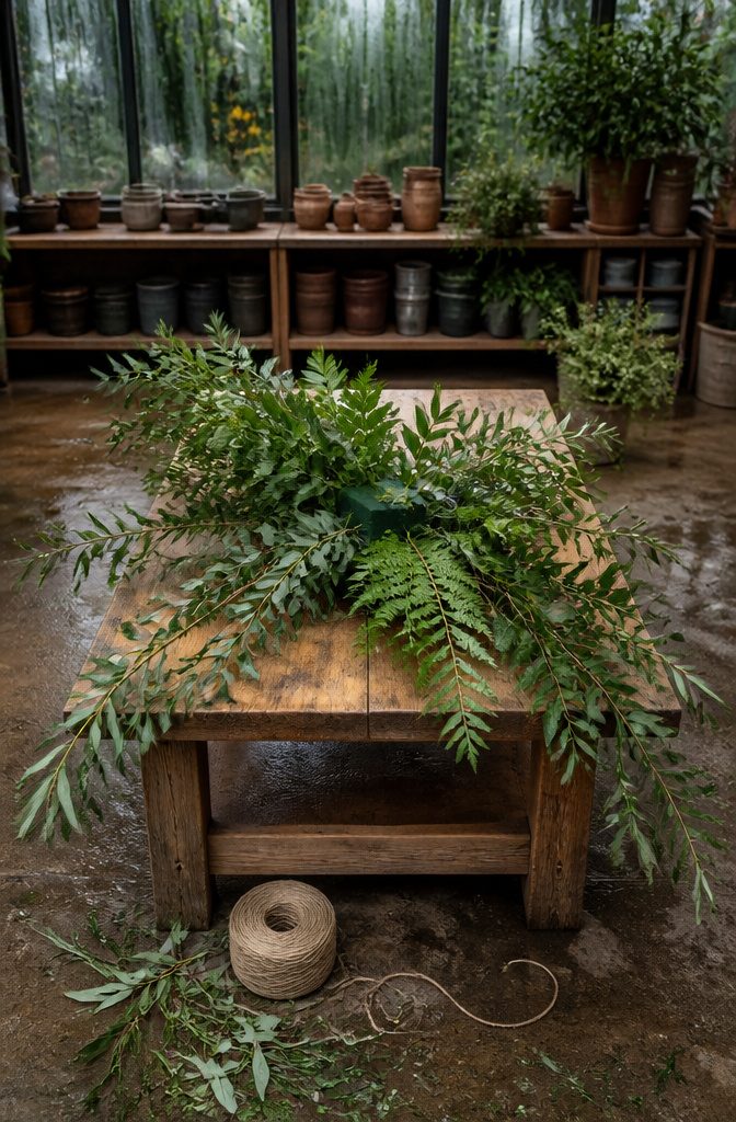 Floor arrangement greenery extending from foam in an asymmetrical shape