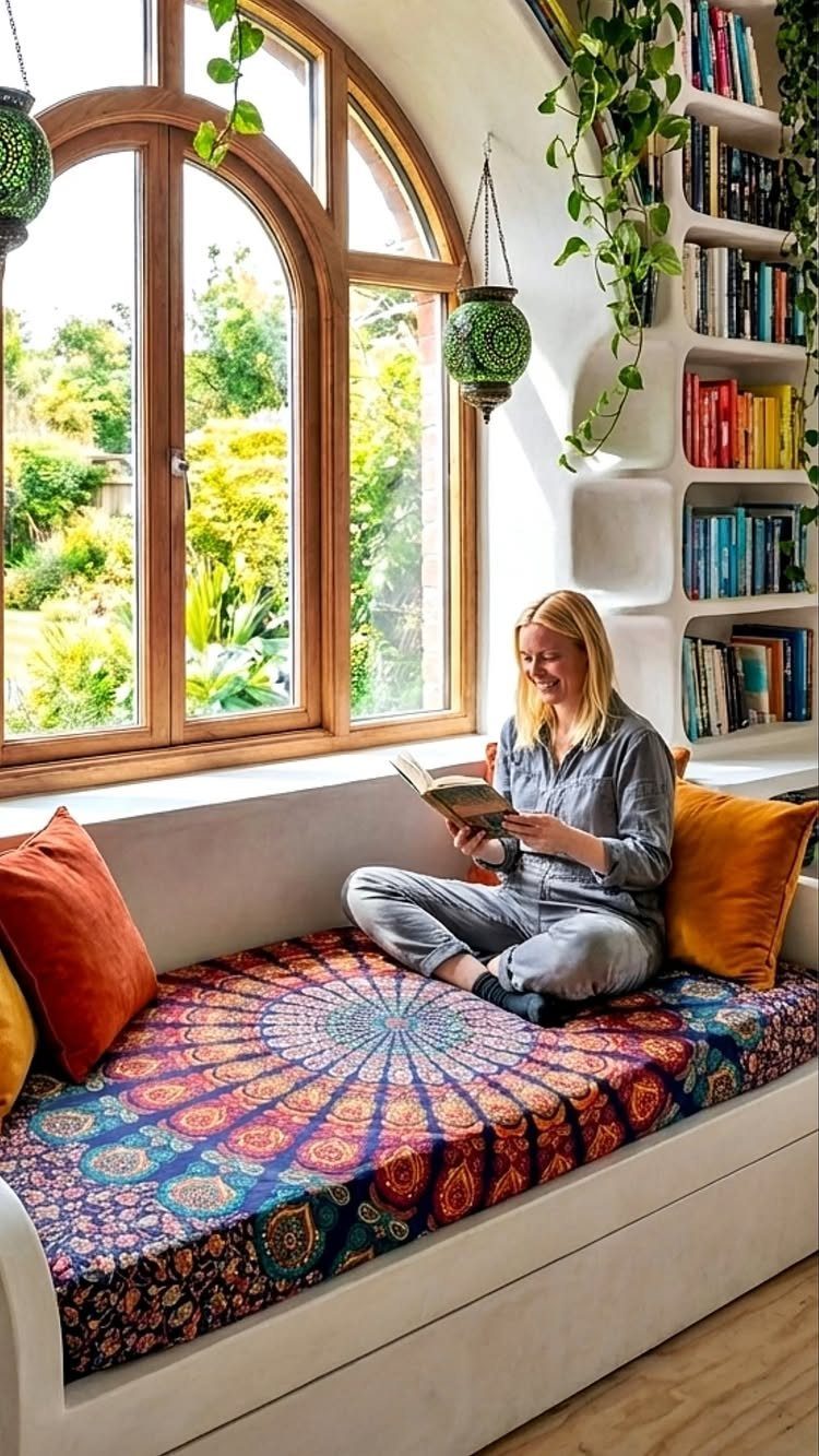 Woman reading on a built-in window seat with integrated bookshelves and colorful cushions.
