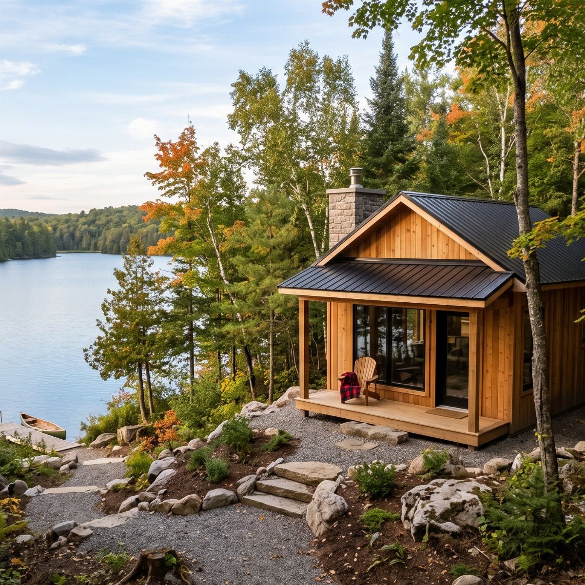 Tiny House Layout Ideas: 34 Kitchens, Lofts, Decks, Porches 10 Rustic wooden cabin with black roof overlooking a serene lake in autumn forest.