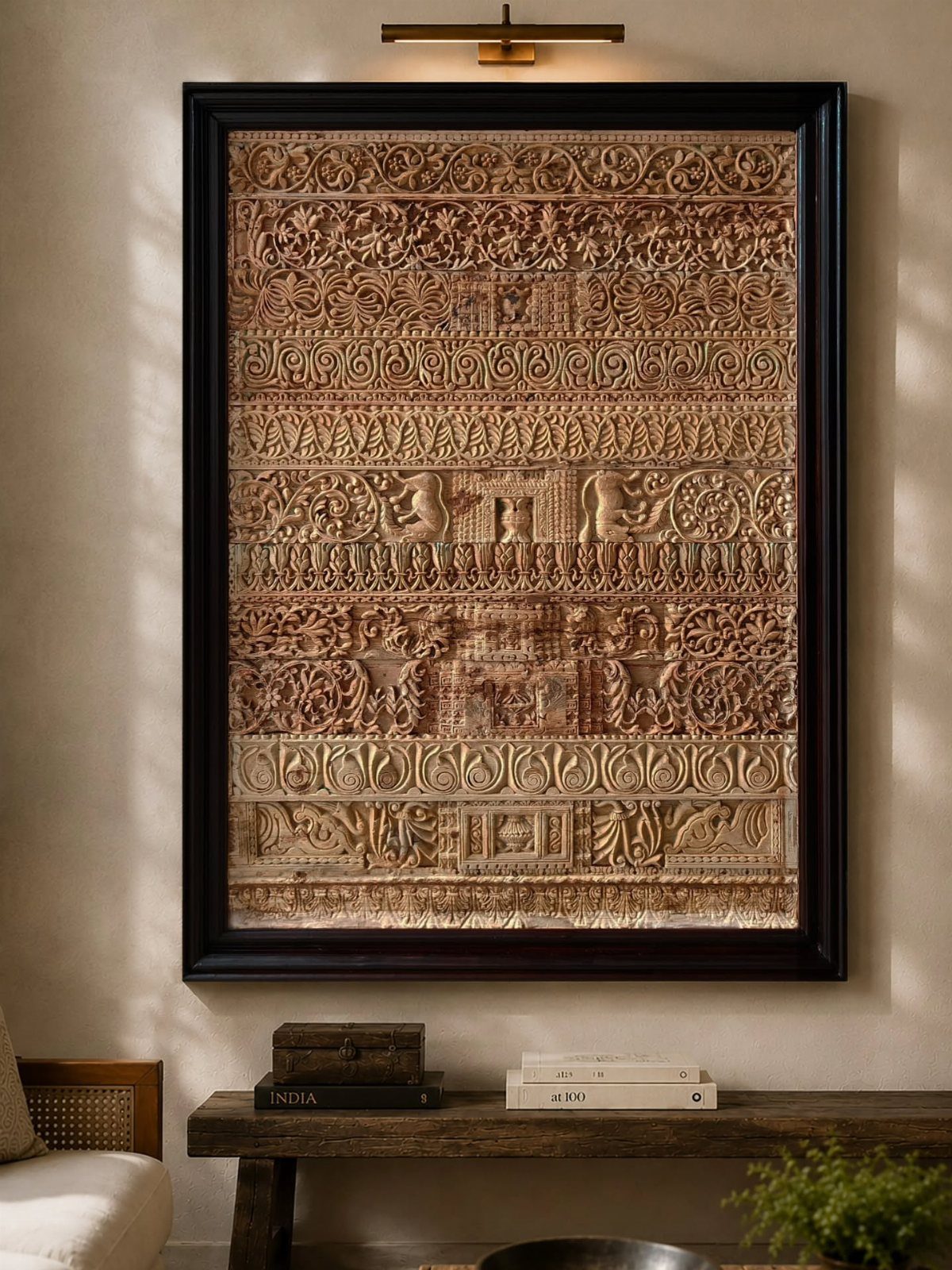 Wood Art Wall Decor: 28 Ideas, From Carved Panels to Mirrors 1 Intricately carved wood panel with detailed reliefs in a black frame on a wall