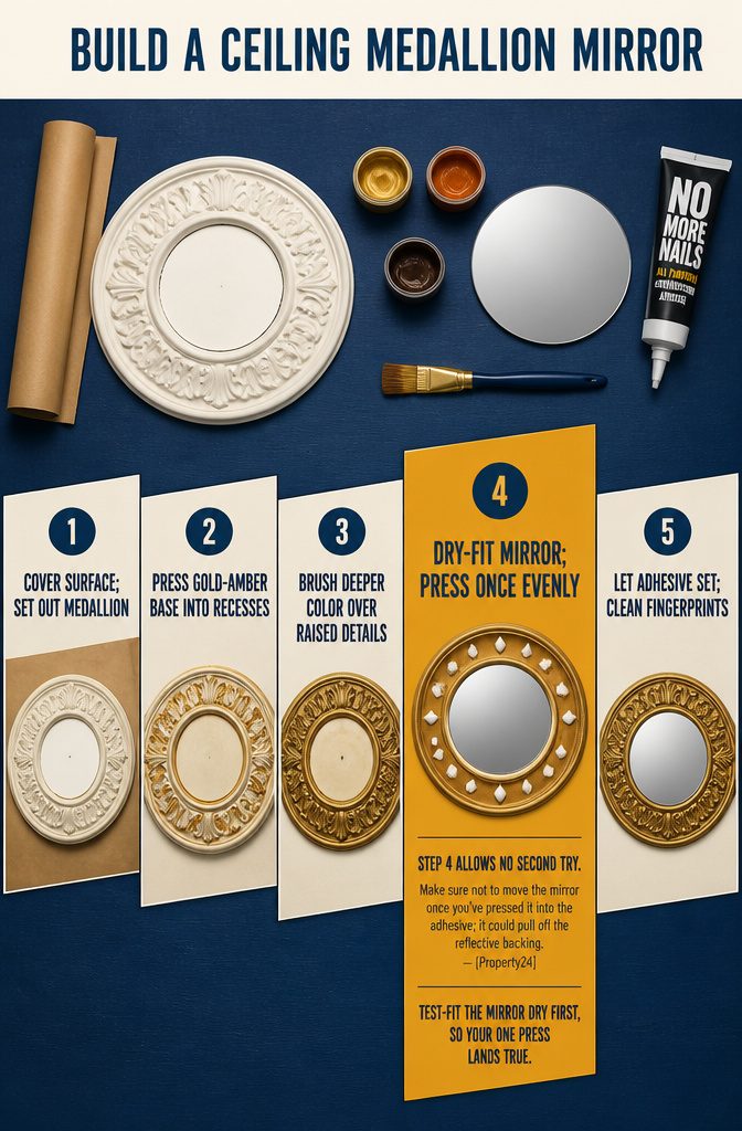 How to Make a Mirror Wall: 6 Ways, From Panels to Framed Glass 5 Round mirror pressed into the recessed center of a painted ceiling medallion
