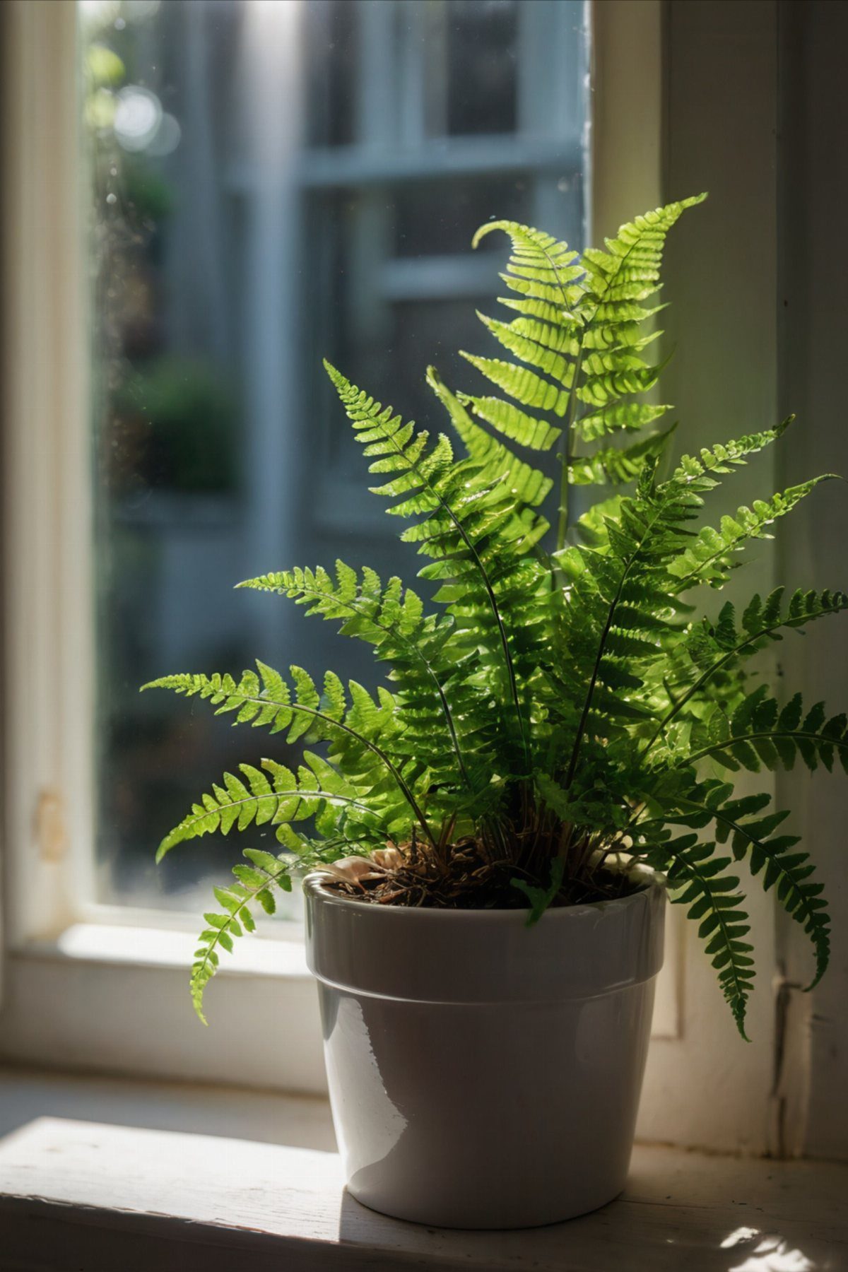 House Plant Pots: 21 Ideas in Ceramic, Terracotta and Metal 16 Green fern in a white ceramic pot sitting on a bright windowsill.
