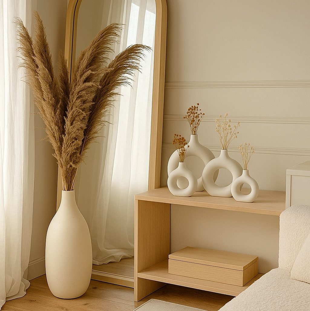 23 Cool House Items for Walls, Shelves, Desks, and Baths 13 White ceramic vases with dried pampas grass on a light wood console table.