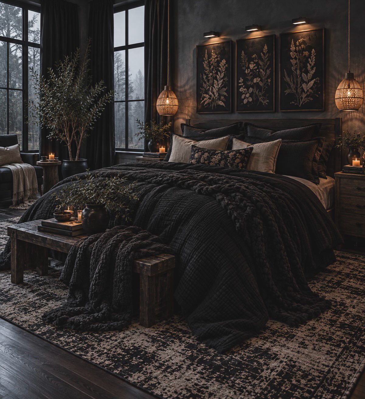 13 Alt Room Decor Ideas with Moody Colors, Wood, and Plants 6 Dark bedroom with black bedding, charcoal walls, and hanging woven pendant lights.