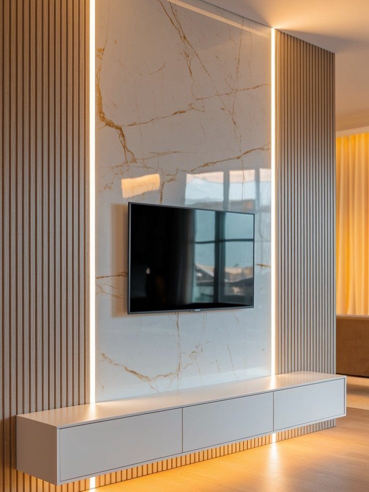 Modern TV unit with marble wall panel, vertical wood slats, and floating white cabinet.