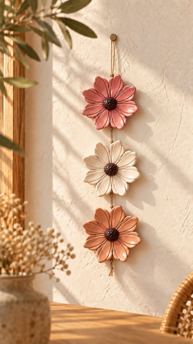 30 DIY Clay Crafts to Make with Air-Dry Clay for Home Decor 3 Three clay flower ornaments in pink, white, and terracotta hanging on a string.