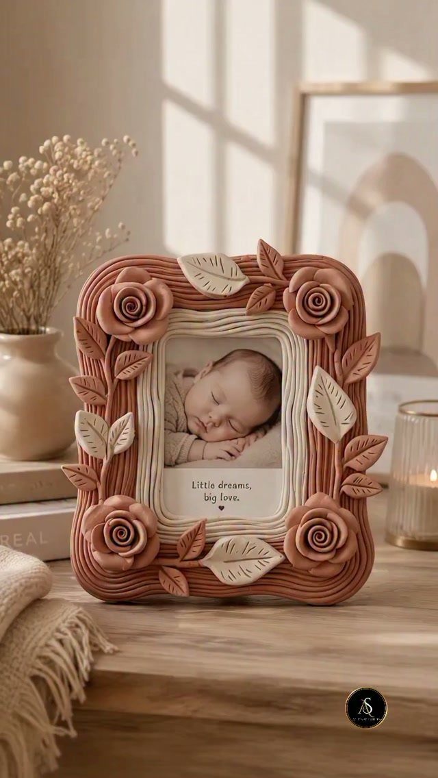 30 DIY Clay Crafts to Make with Air-Dry Clay for Home Decor 16 Terracotta clay picture frame with sculpted roses and leaves holding a baby photo.