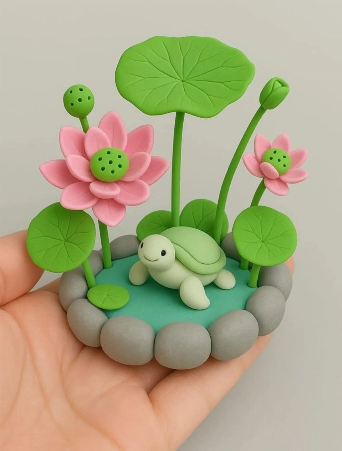 30 DIY Clay Crafts to Make with Air-Dry Clay for Home Decor 27 Small green clay turtle figurine with pink lotus flowers and green lily pads.