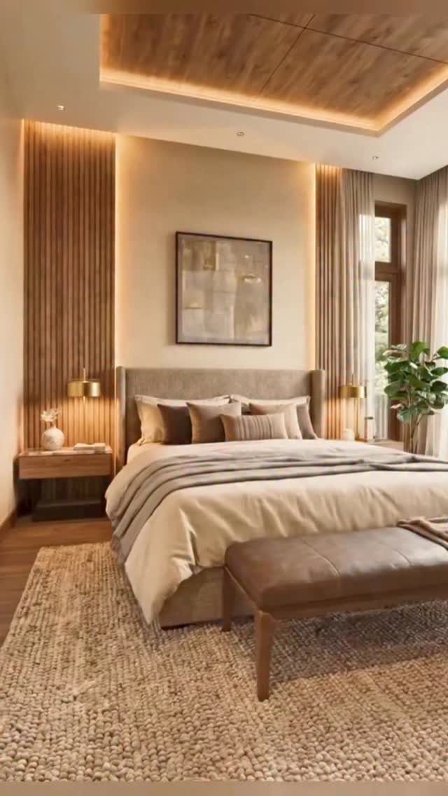Modern bedroom with neutral linens, wooden slat wall, and warm ambient lighting.