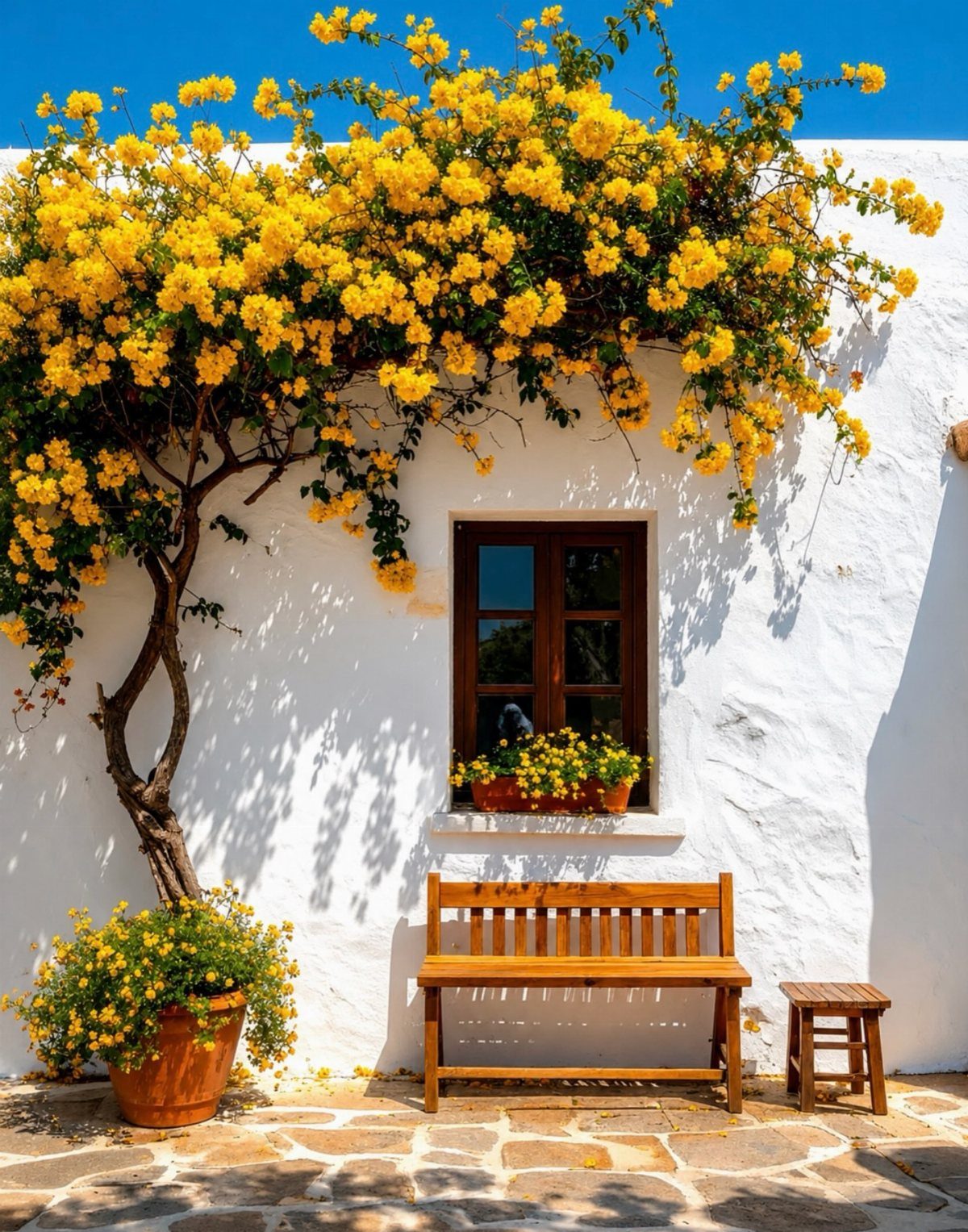 17 Wall Planting Ideas, from Green Walls to Stone Planters 15 Yellow flowering climbing plant growing over a white wall with a wooden bench.