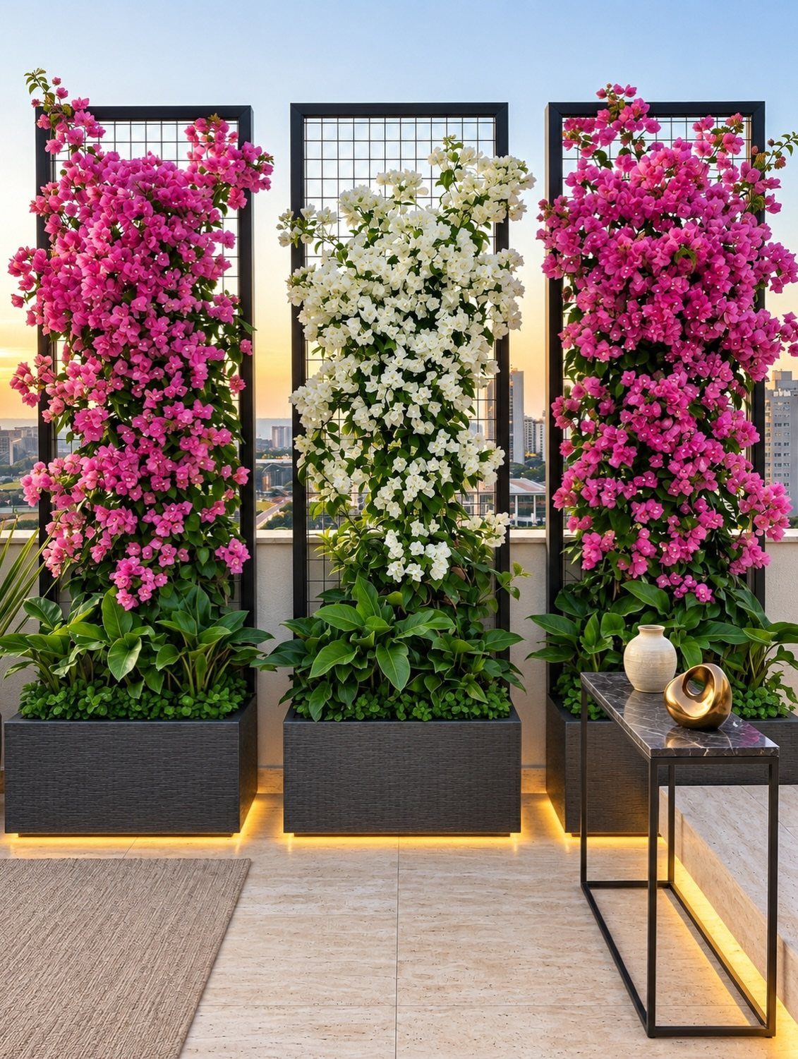 17 Wall Planting Ideas, from Green Walls to Stone Planters 16 Pink and white bougainvillea climbing black trellises in planters on a modern terrace.