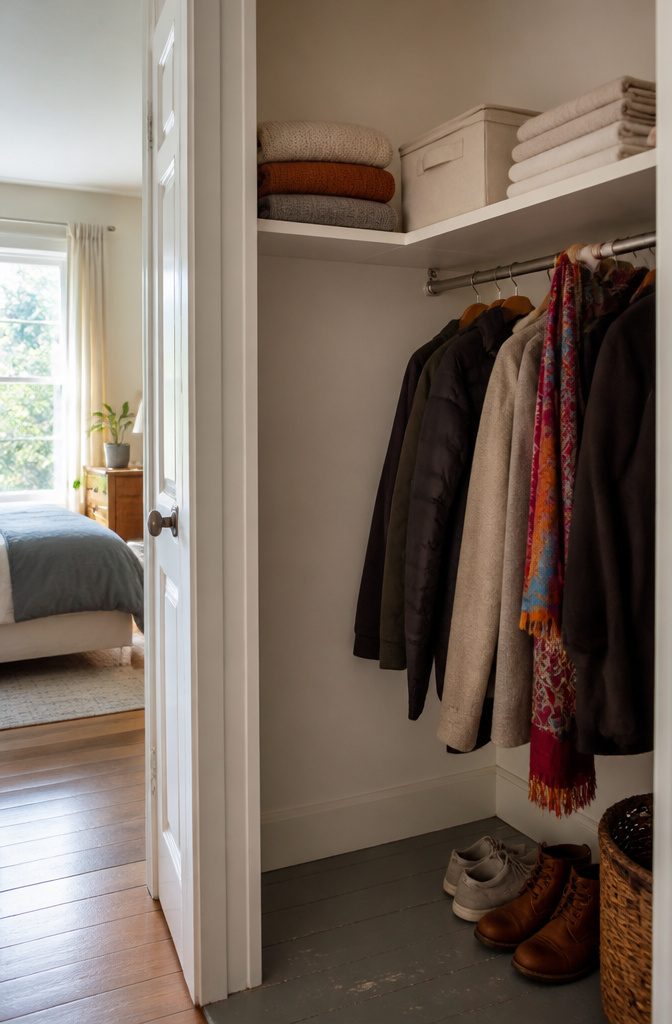 Rental Friendly Shelves for Apartments, Bathrooms, and Closets 6 Closet with wall-to-wall adjustable shelves above folded clothes and linens