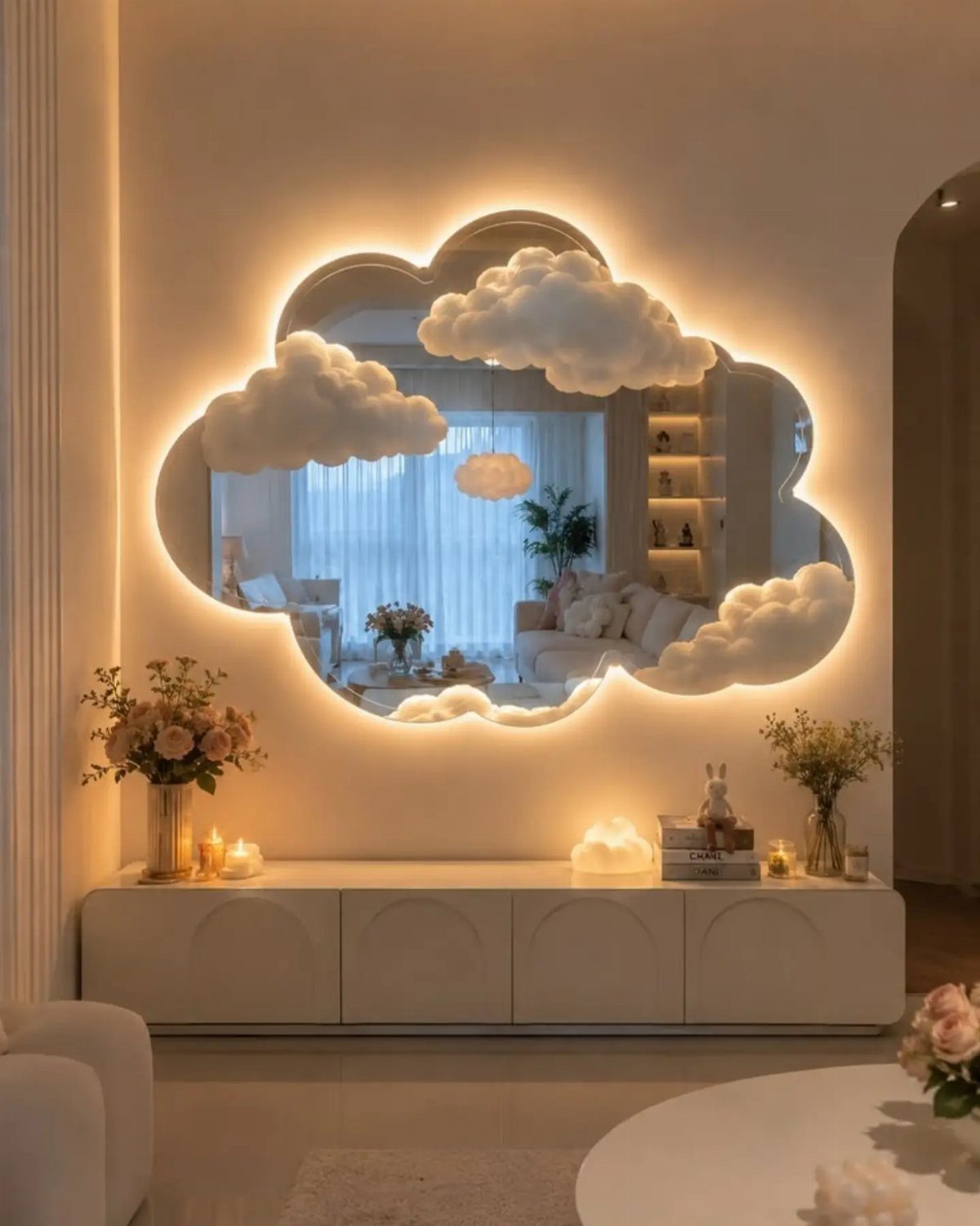 Mirror Wall Art: 25 Ideas from Sunburst to Floor Mirrors 23 Cloud-shaped backlit mirror mounted on a white wall above a modern sideboard.