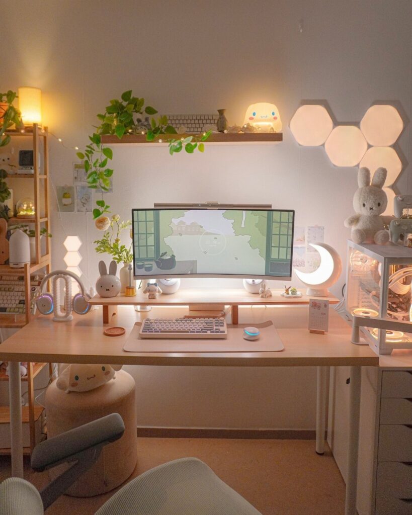 Cozy desk setup with warm lighting, a computer monitor, plants, and cute plushies.