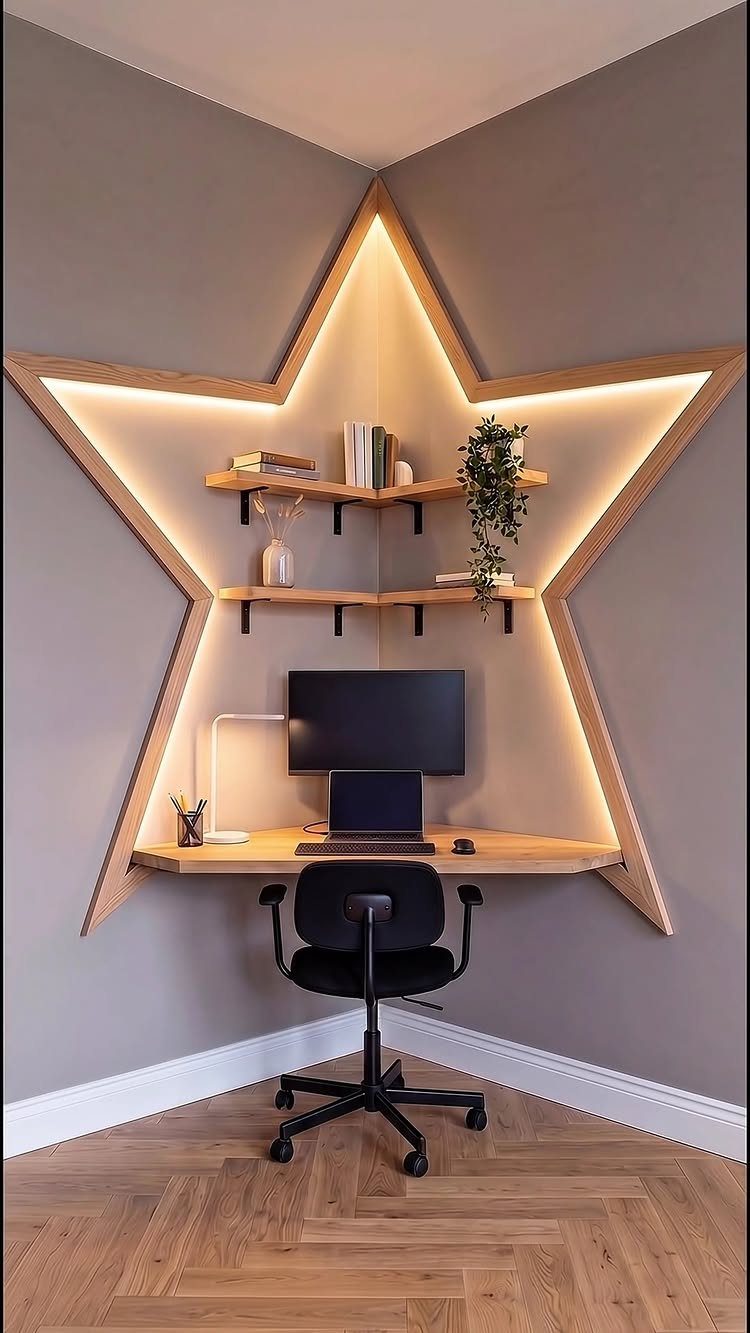 Compact wooden desk and black chair inside a glowing star-shaped corner wall installation.