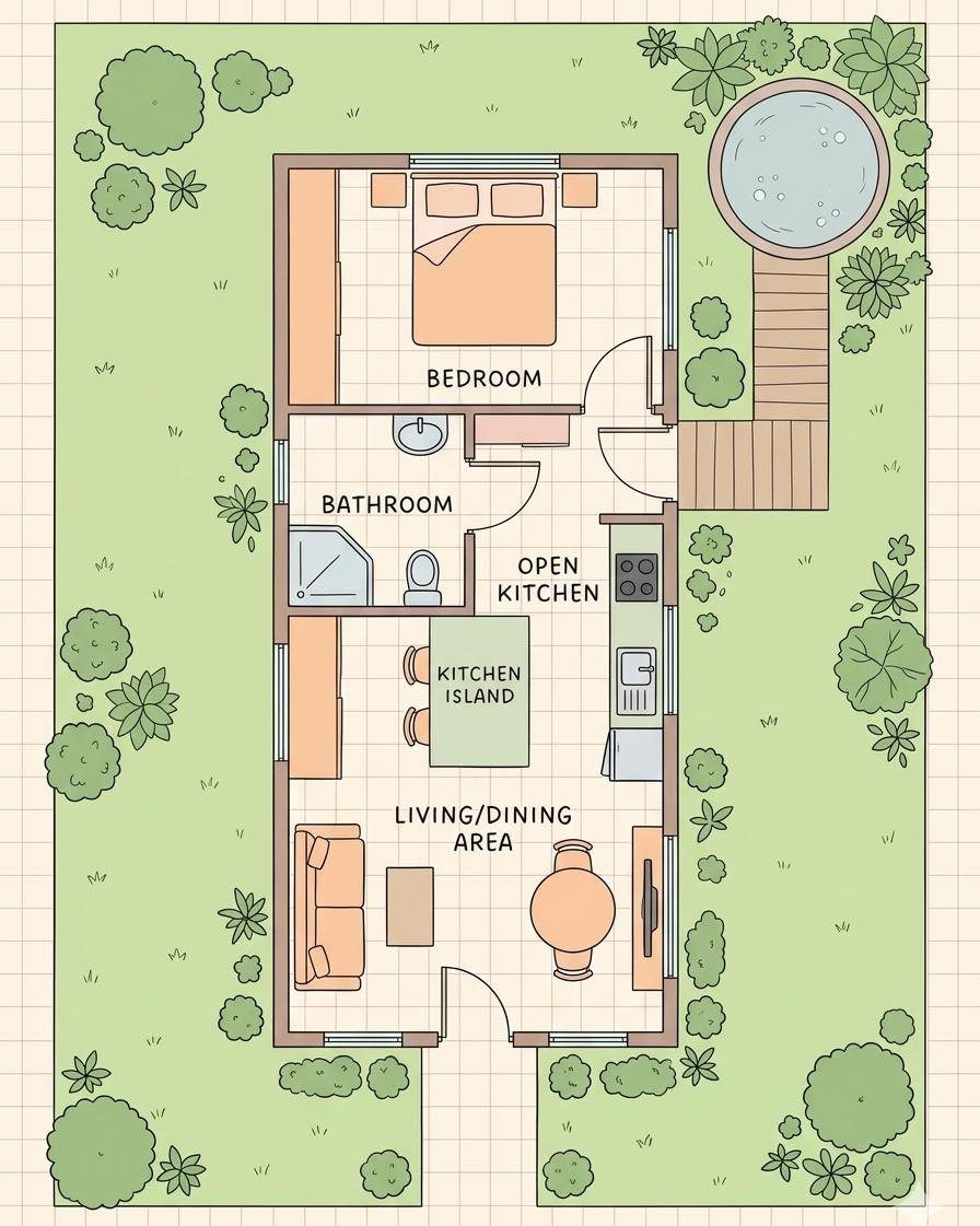 Floor plan of a compact house with a bedroom, kitchen, and living area.