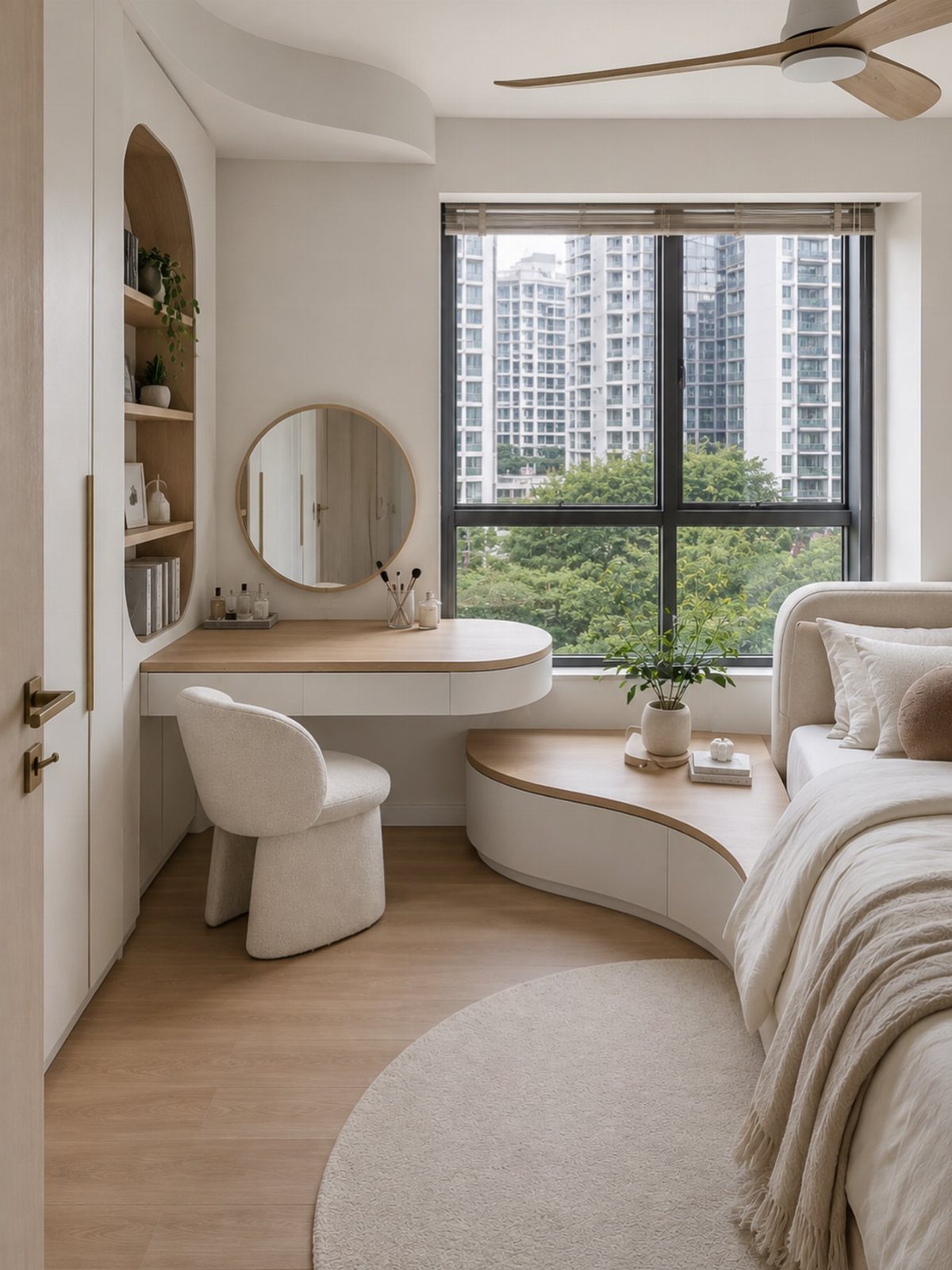 12 Small Bedroom Mirror Ideas That Make a Room Feel Bigger 6 Round mirror above a curved wooden desk in a bright, modern small bedroom