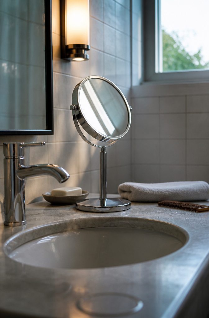 Concave mirror with an enlarged reflection of a face