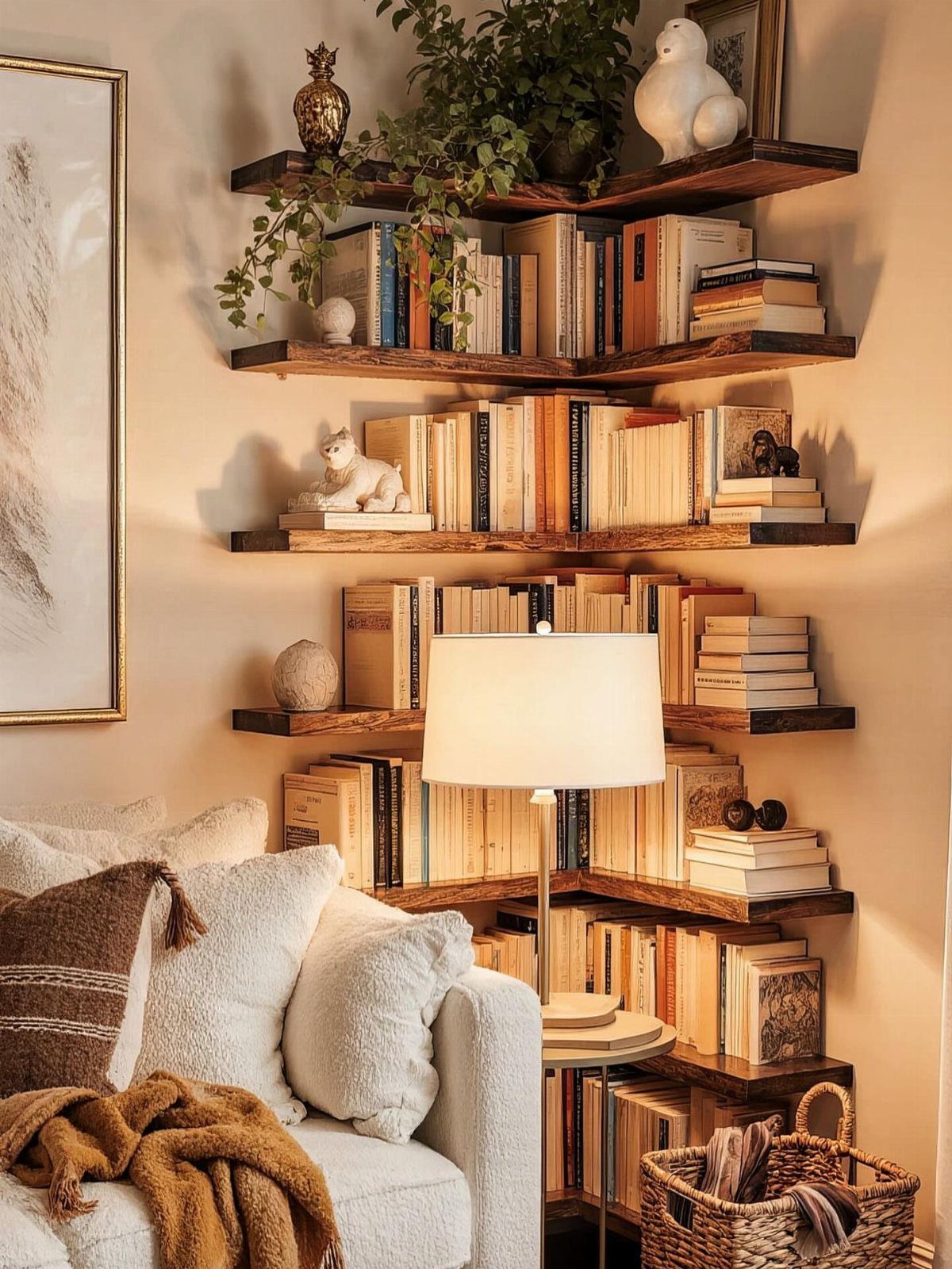 24 Corner Shelves IKEA Ideas for Kitchens, TVs and Plants 15 Dark wood L-shaped floating corner shelves filled with books and decorative home accessories.