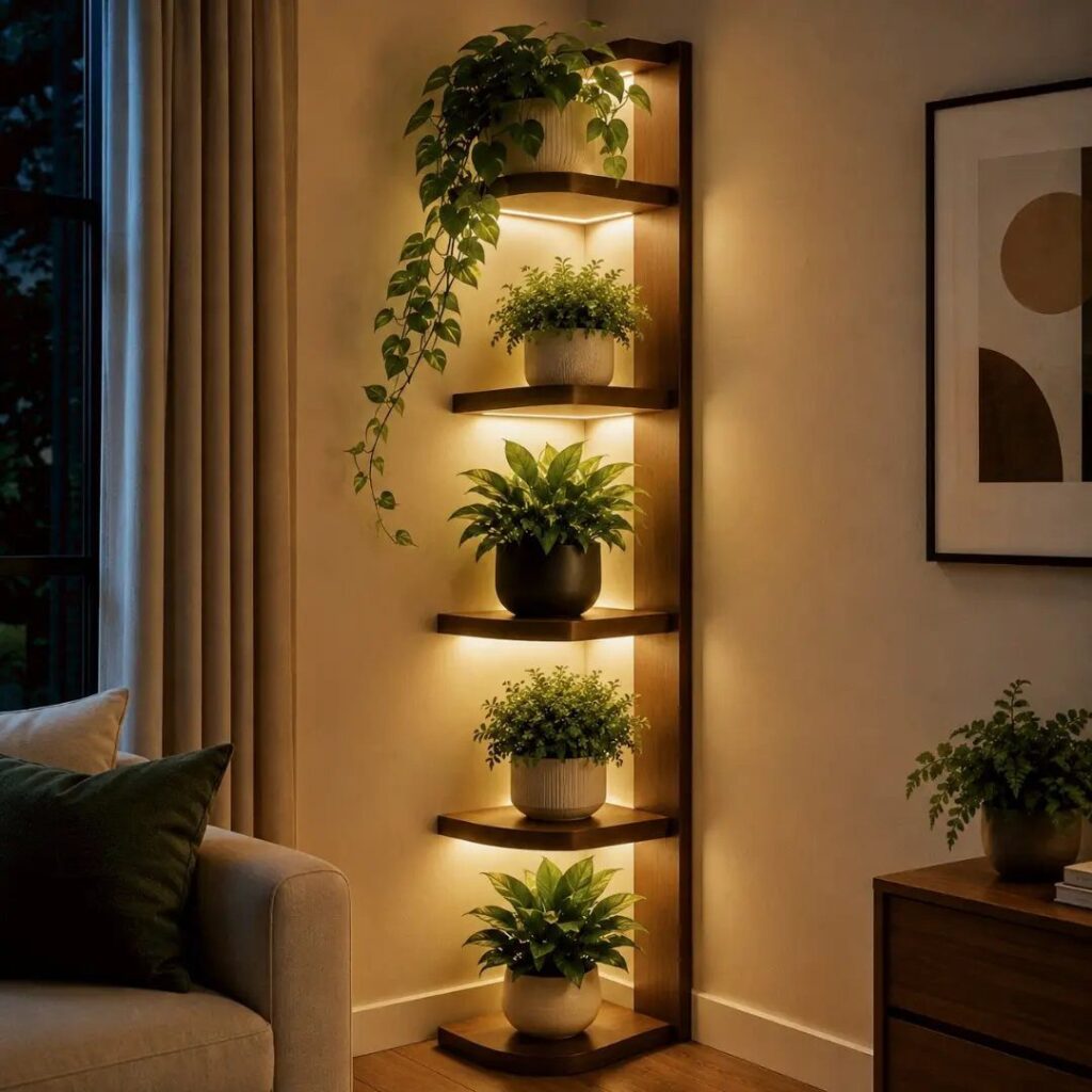 Corner shelving unit with potted plants and warm lighting in a living room.