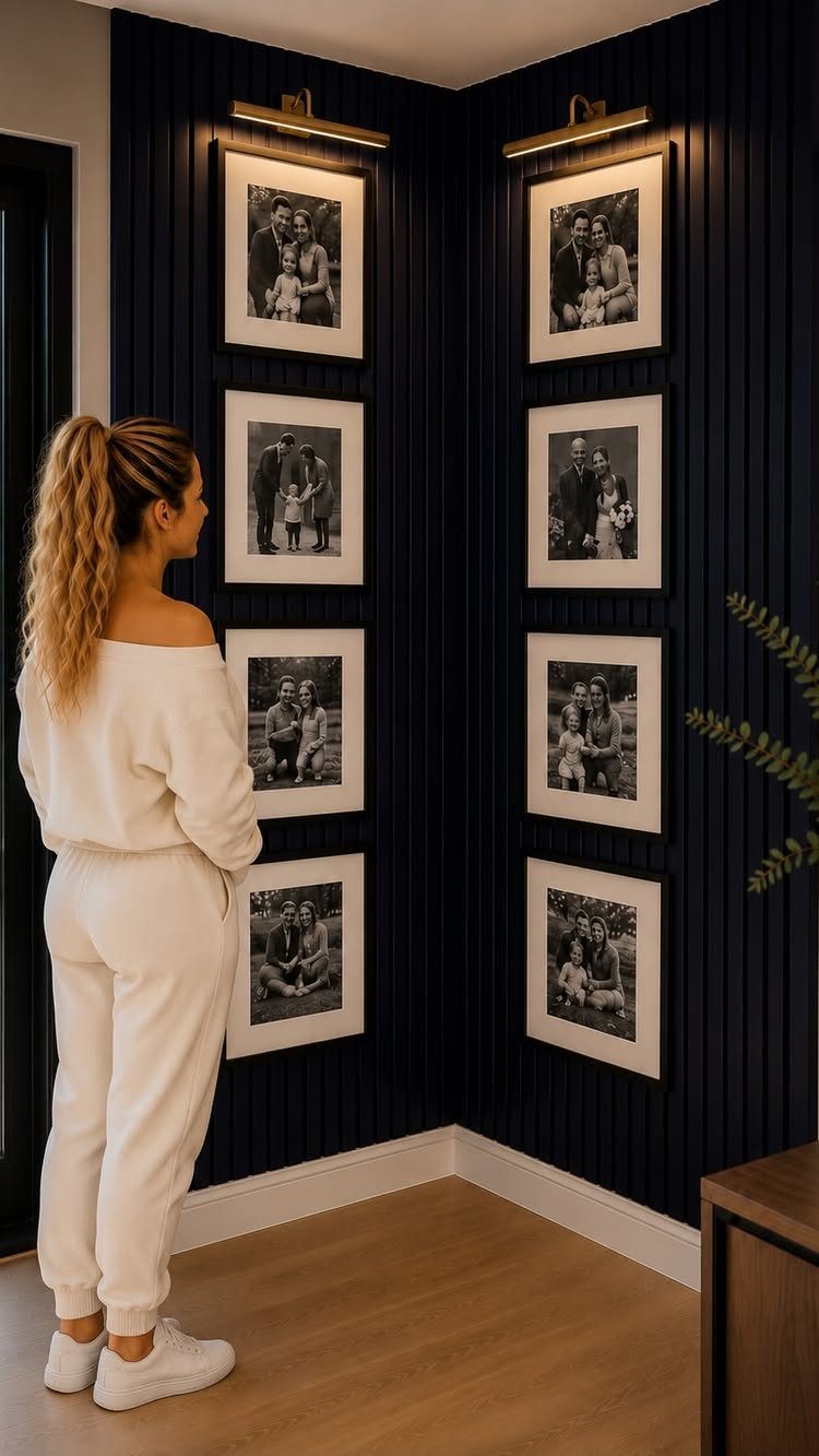 Woman standing beside a corner gallery wall with framed black and white family photos.