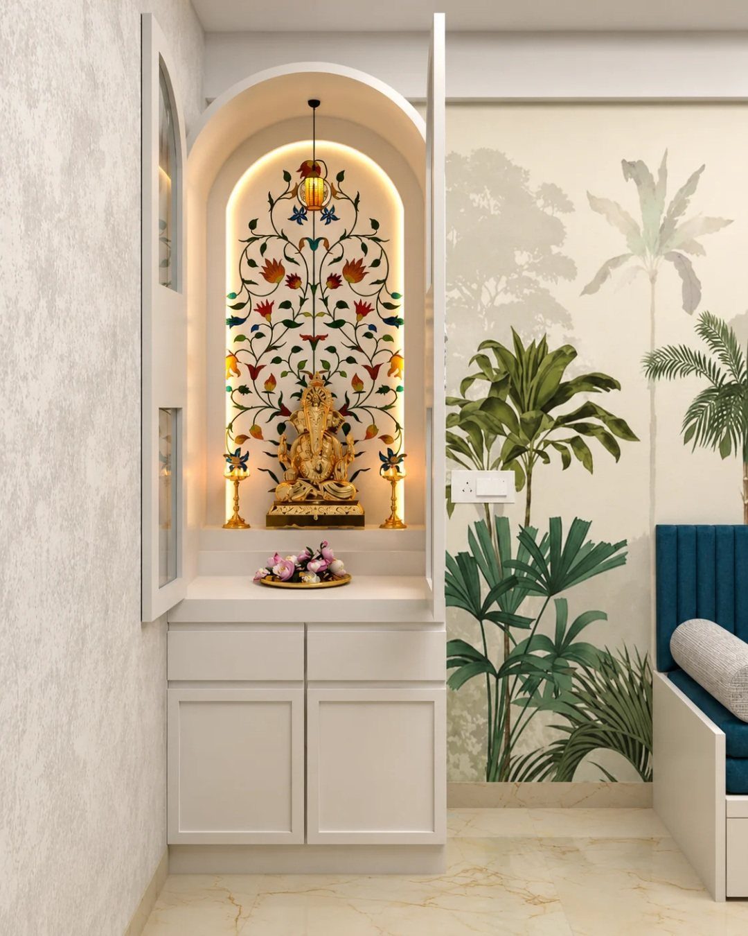 34 Puja Unit Design Modern Ideas for Your Home in 2026 14 White corner puja unit with arched niche, golden Ganesha statue, and floral backdrop.