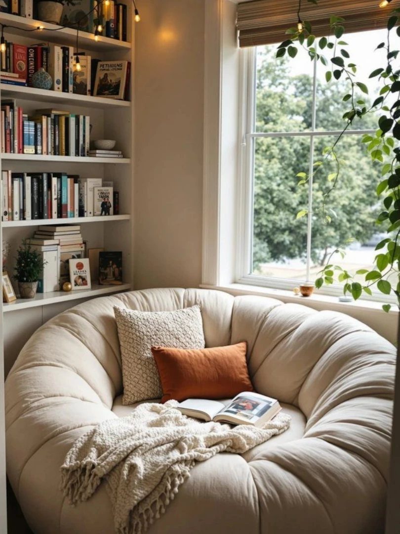 Cream circular lounge chair next to a white bookshelf and a bright window.