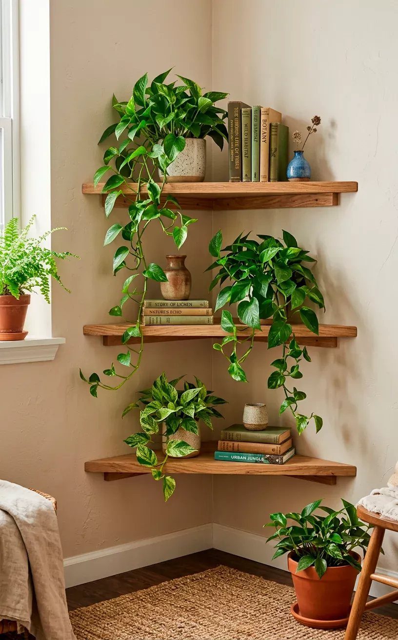 24 Corner Shelves IKEA Ideas for Kitchens, TVs and Plants 18 Wooden floating corner shelves holding various green potted plants and a few books.